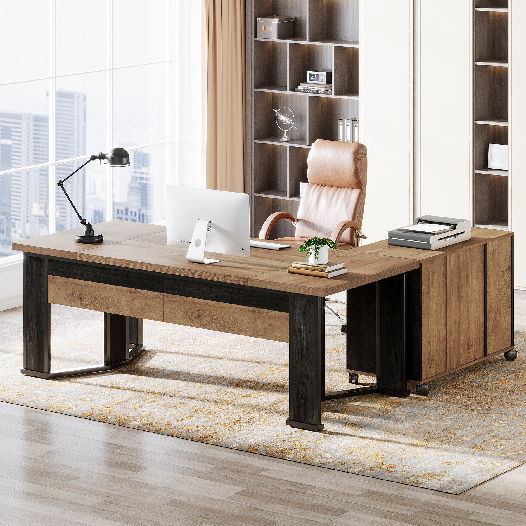 70.8" Executive Desk, L-Shaped Home Office Desk with File Cabinet