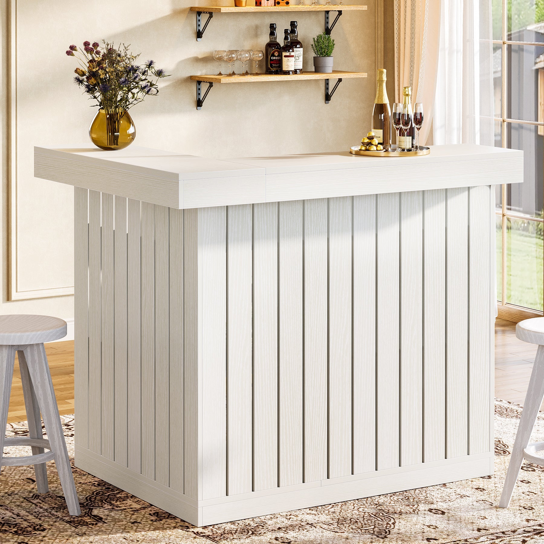 L-Shaped Bar Unit, 4-Tier Corner Liquor Bar Table with Storage Shelves