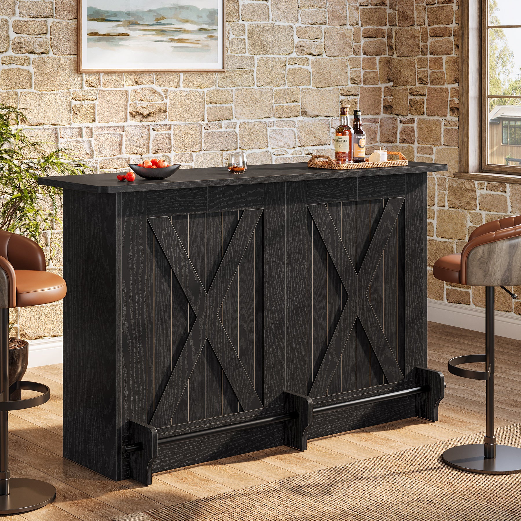 63" Home Bar Unit, 2-Tier Bar Table Coffee Cabinet with Footrest