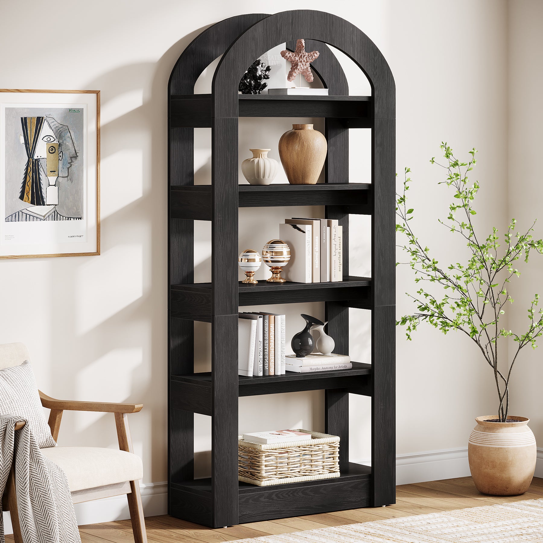 5-Tier Wooden Bookshelf with Arched Top, Tall Display Bookcase Shelf