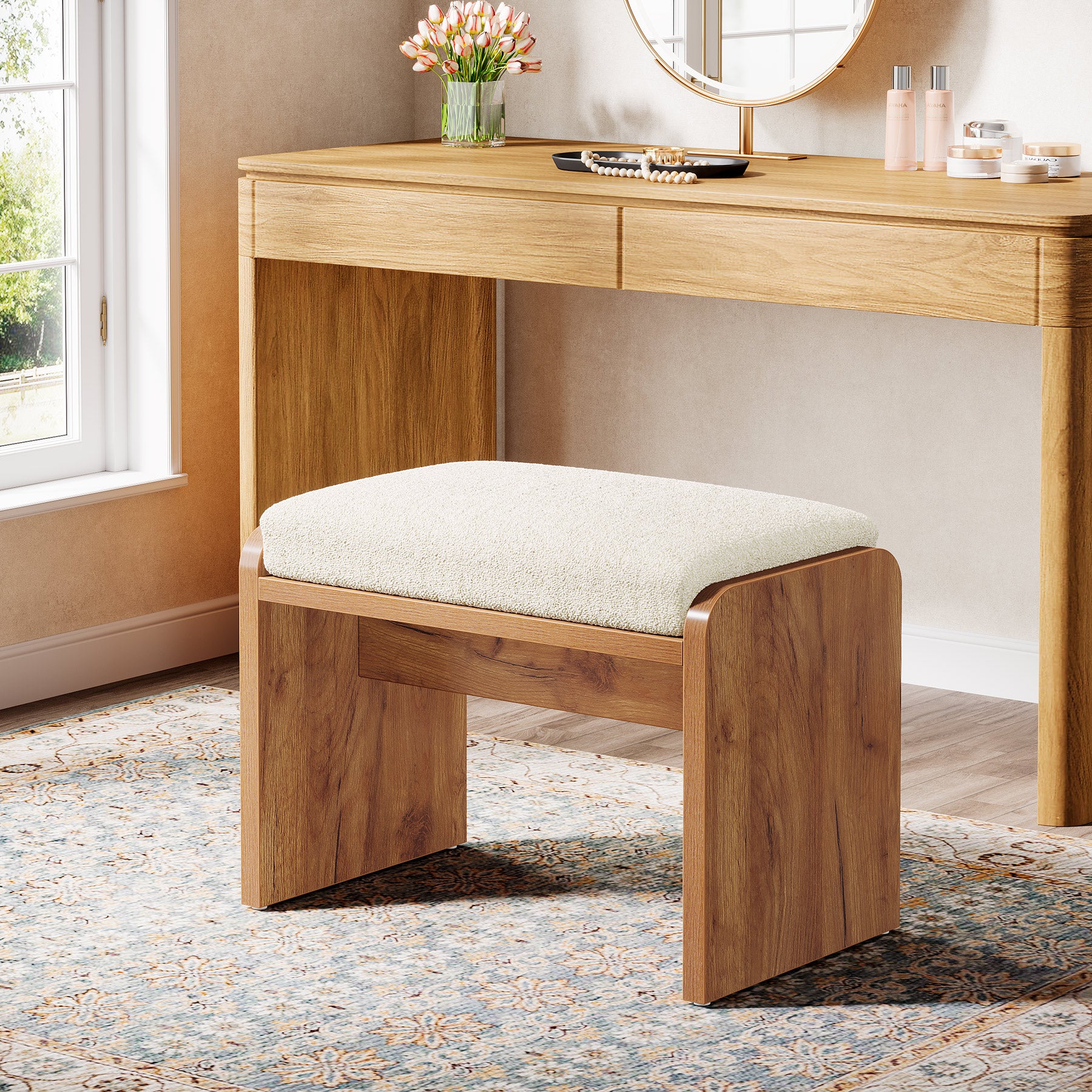 Vanity Stool, Modern Upholstered Ottoman Bench with Removable Cushion