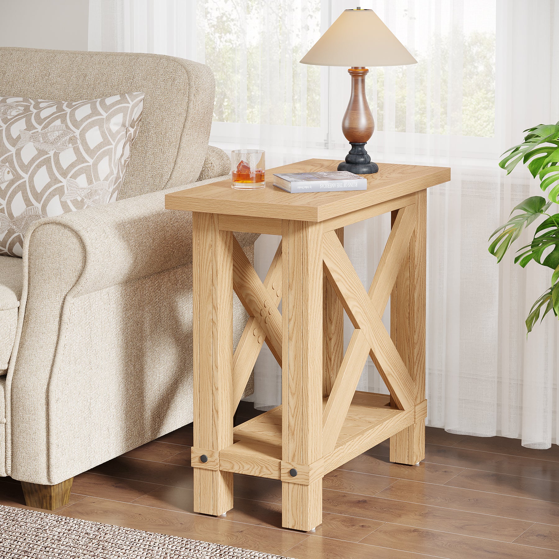 25" End Table, Farmhouse Bed Side Table with X Shape Frame