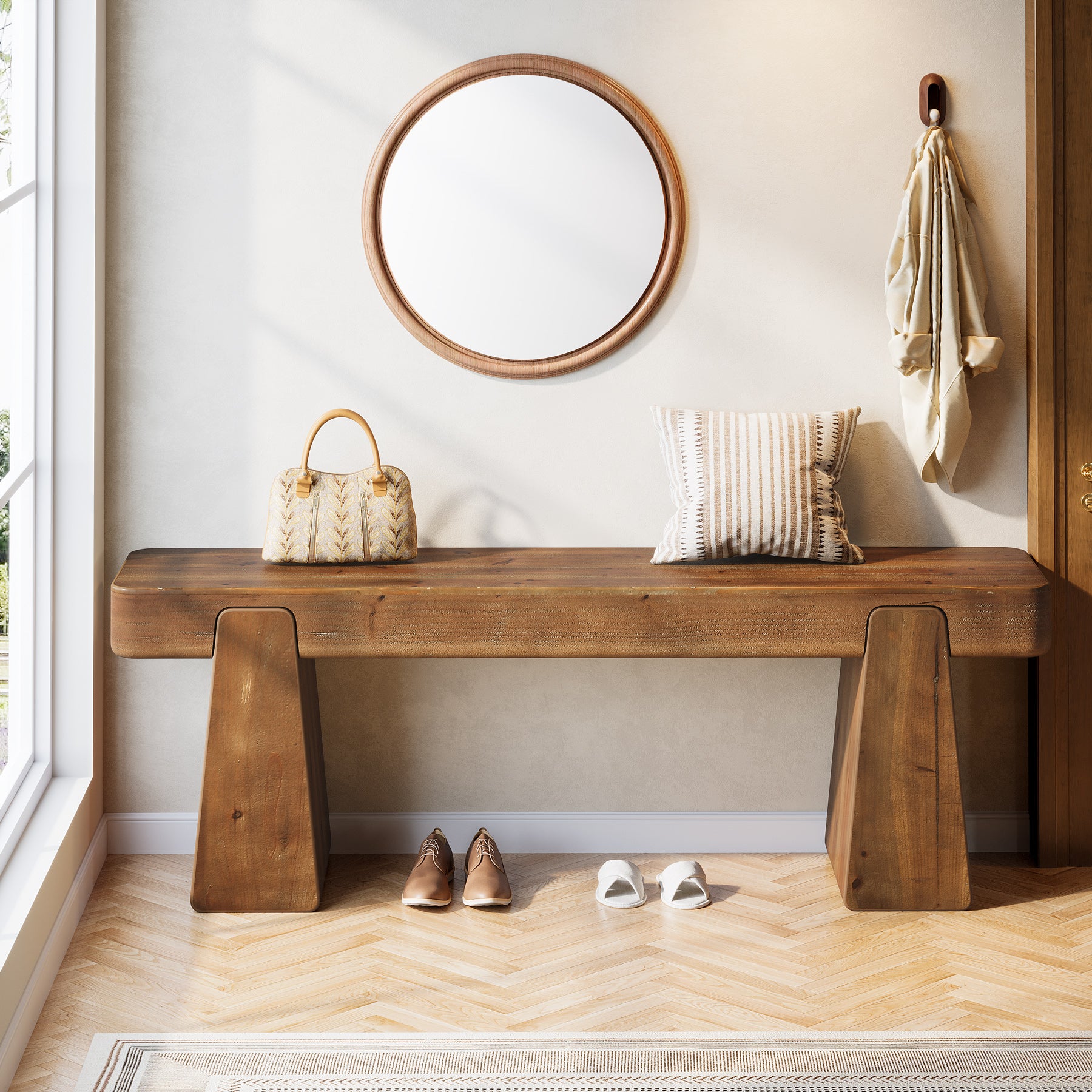 47" Solid Wood Entryway Bench, Farmhouse Shoe Bench with Thickened Legs