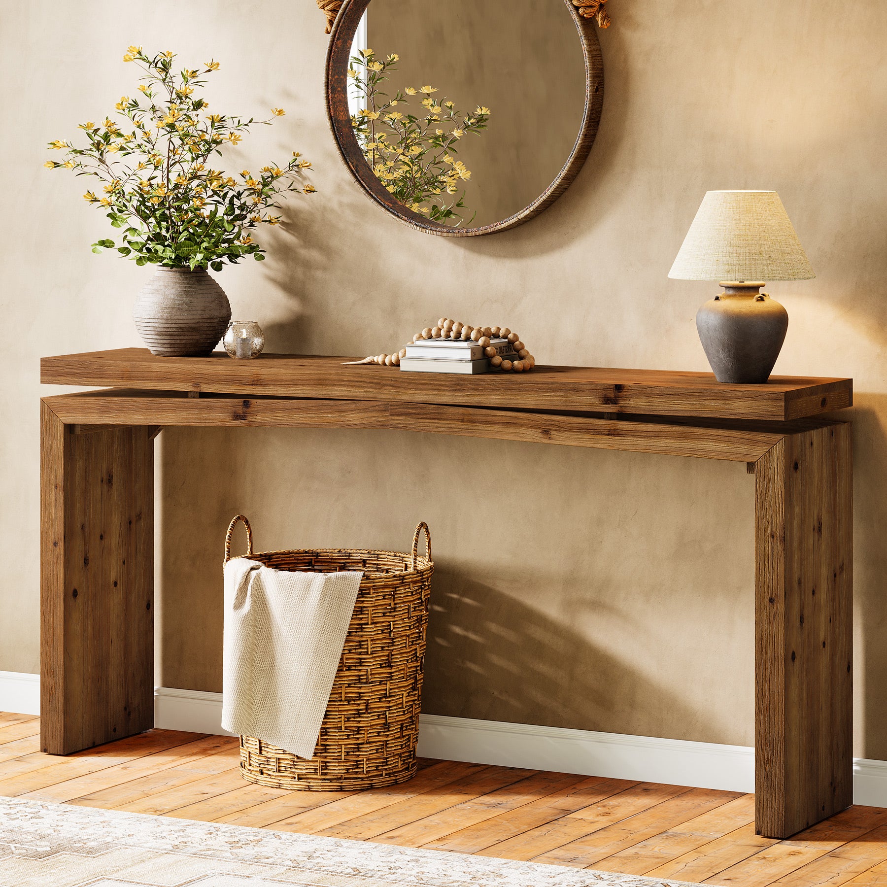 63" Solid Wood Farmhouse Console Table with 2-Tier Shelf, Long Sofa Table for Entryway, Living Room, or Behind Couch