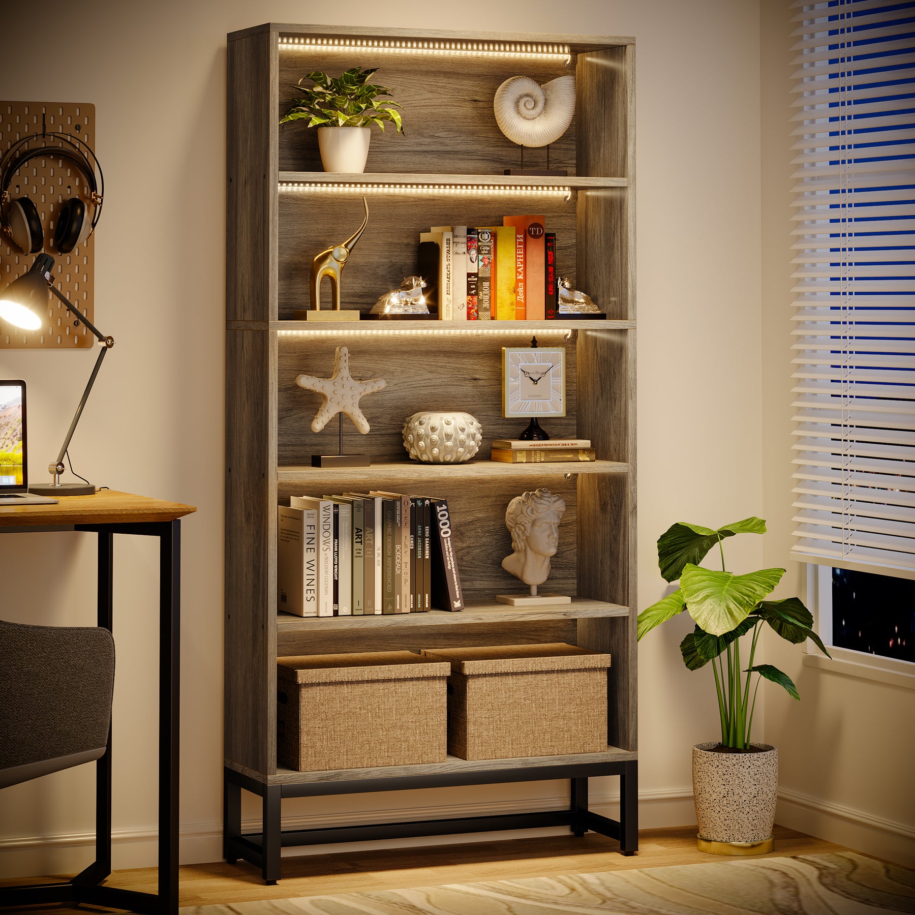 Tall Bookcase Black Bookshelf, 70.8” Large Bookcases Organizer with LED Lights