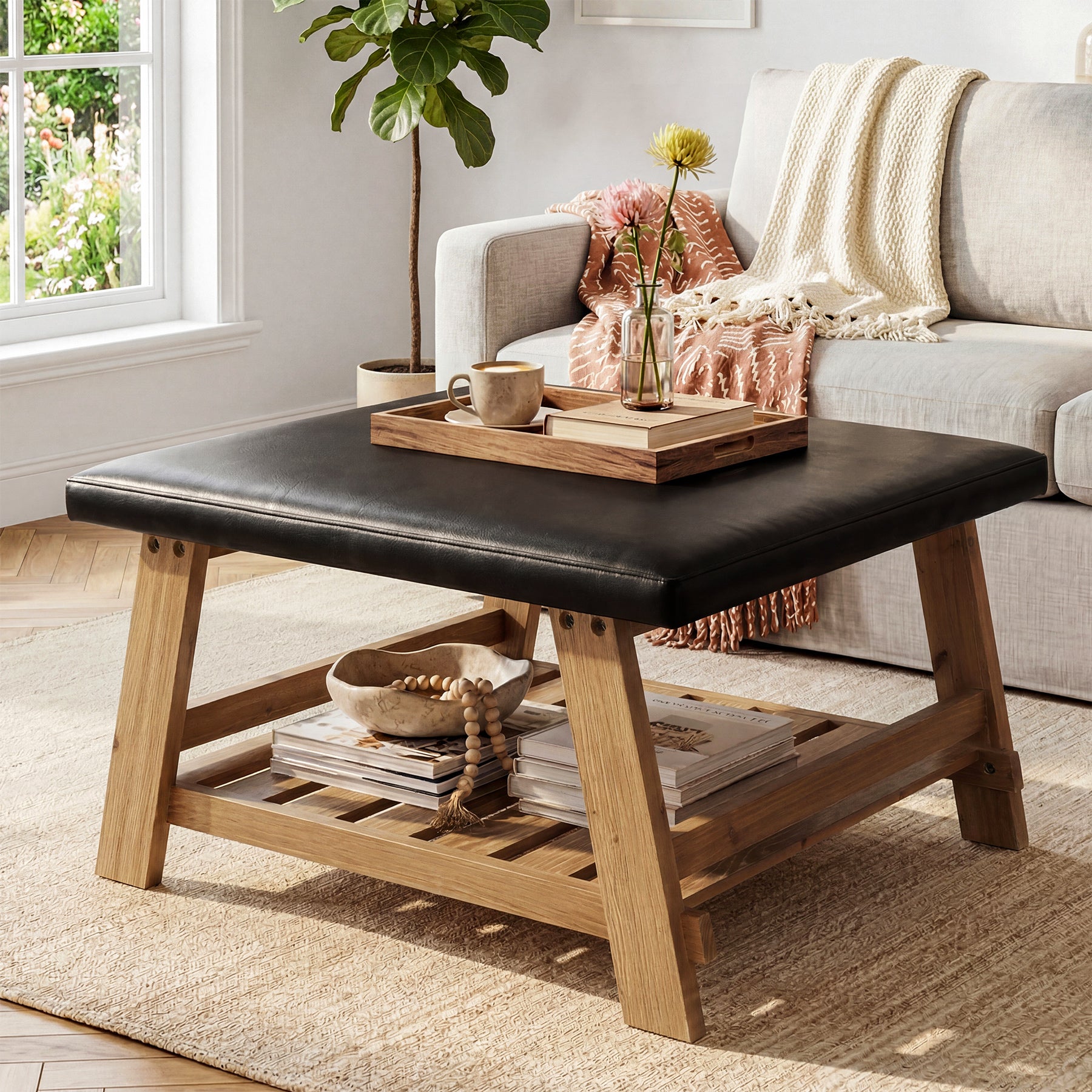 31.5" Square Ottoman Coffee Table with Storage Shelf