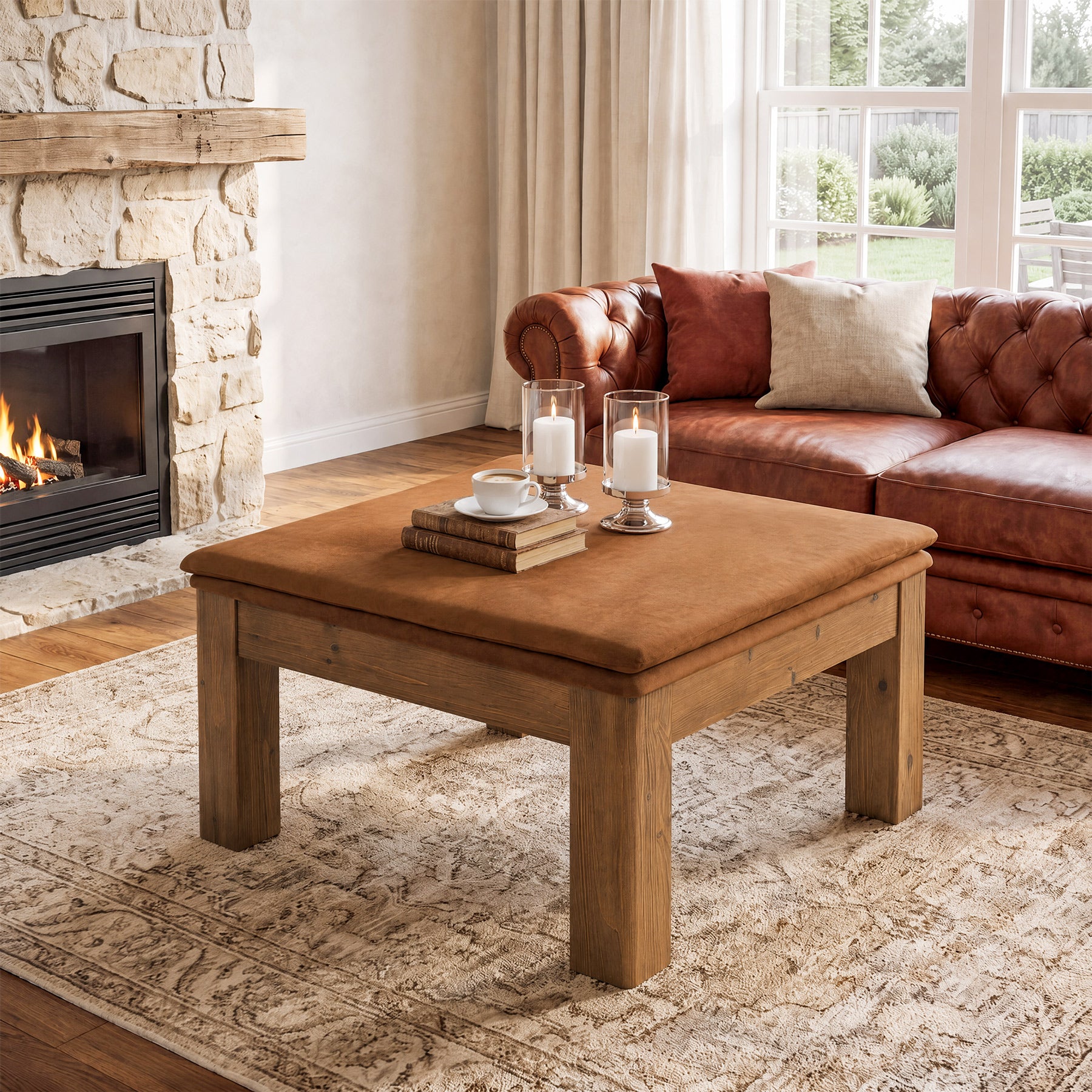 32.28" Square Coffee Table with Solid Wood Frame & Removable Velvet Cushion