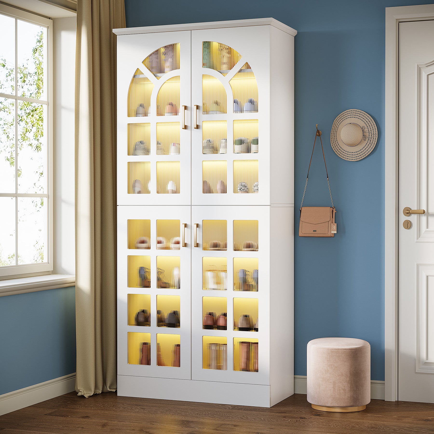 69" Shoe Cabinet, 8-Tier Shoe Rack Organizer with Doors and Led Lights