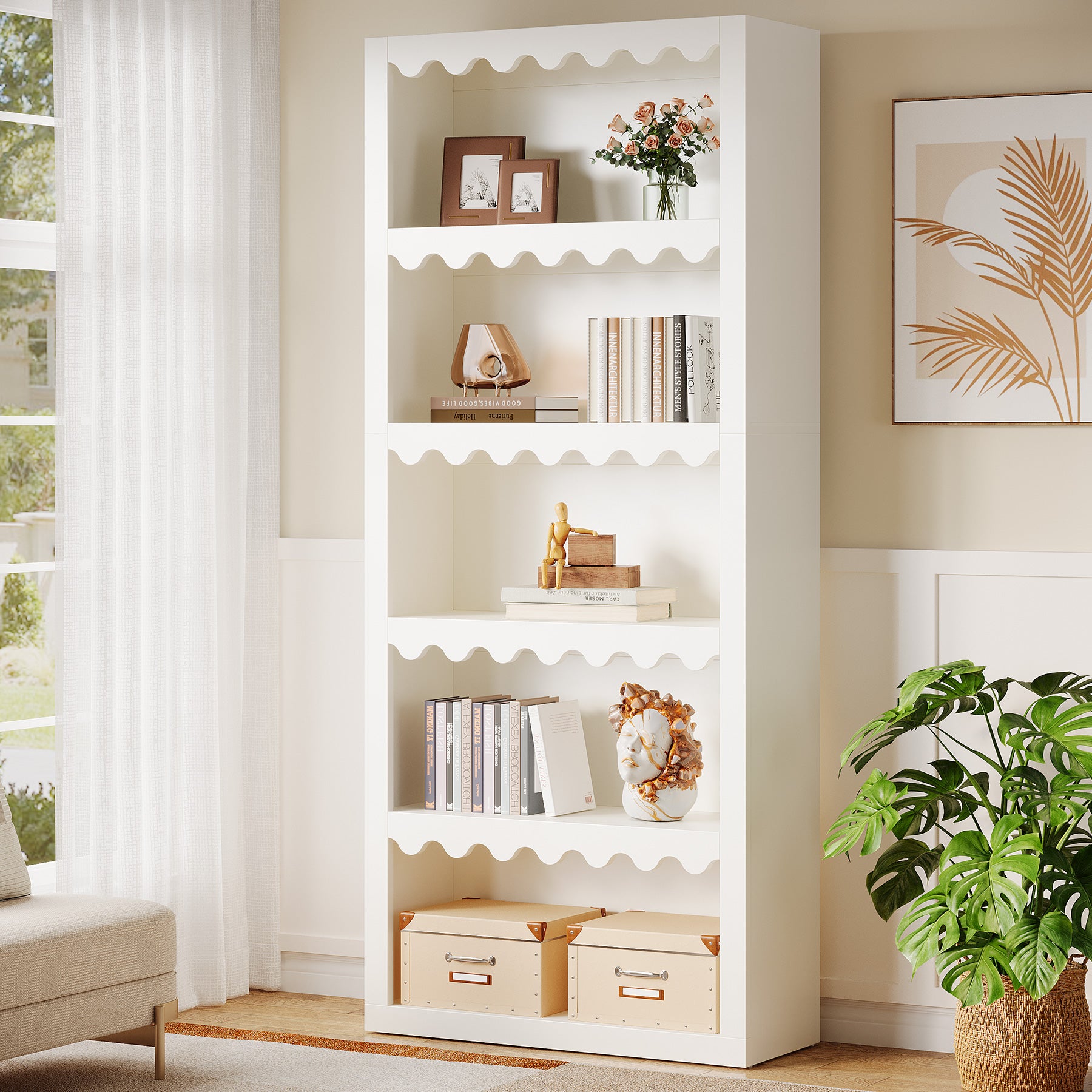 70" Tall 5-Tier White Bookcase, Open Bookshelf with Scalloped Edges