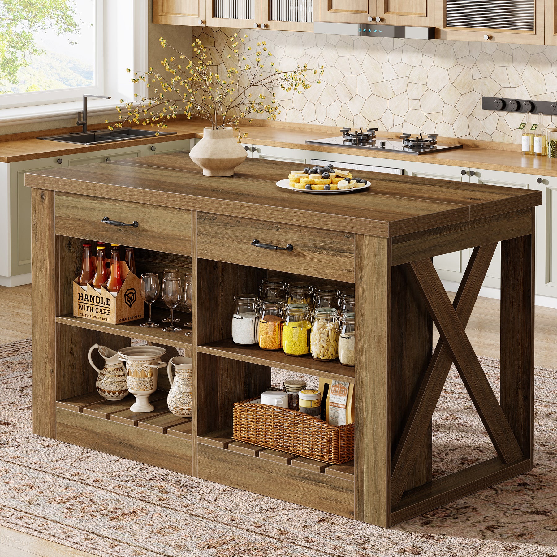55" Kitchen Island, Wooden Bar Table with 2 Drawers and Open Shelf