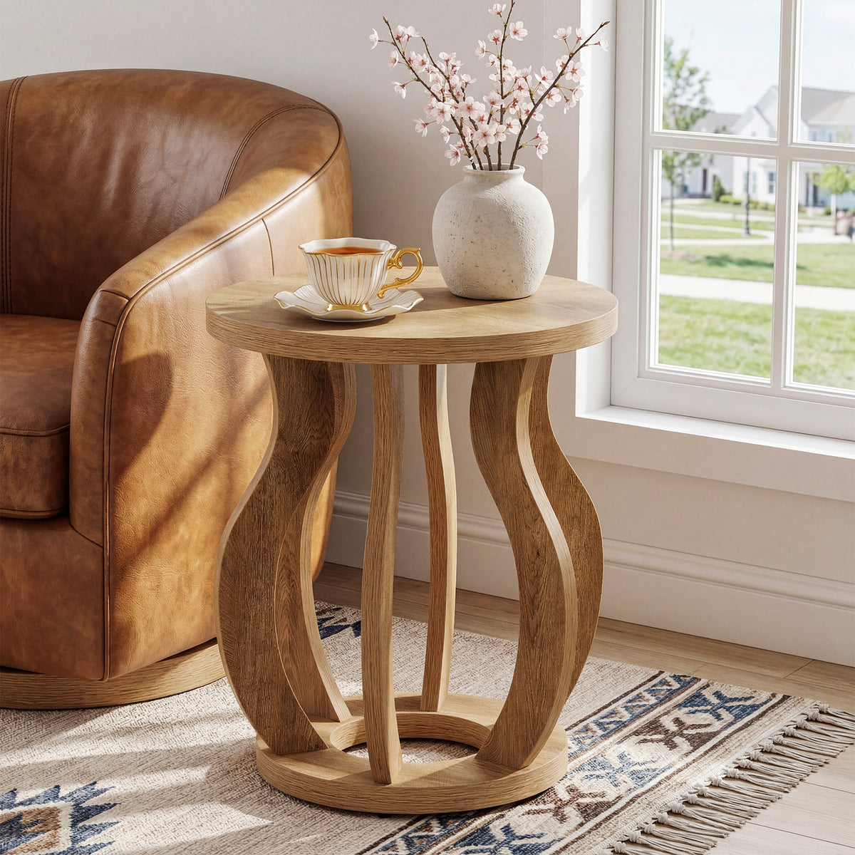 19.69" Curved Wooden Round Side Table for Small Spaces