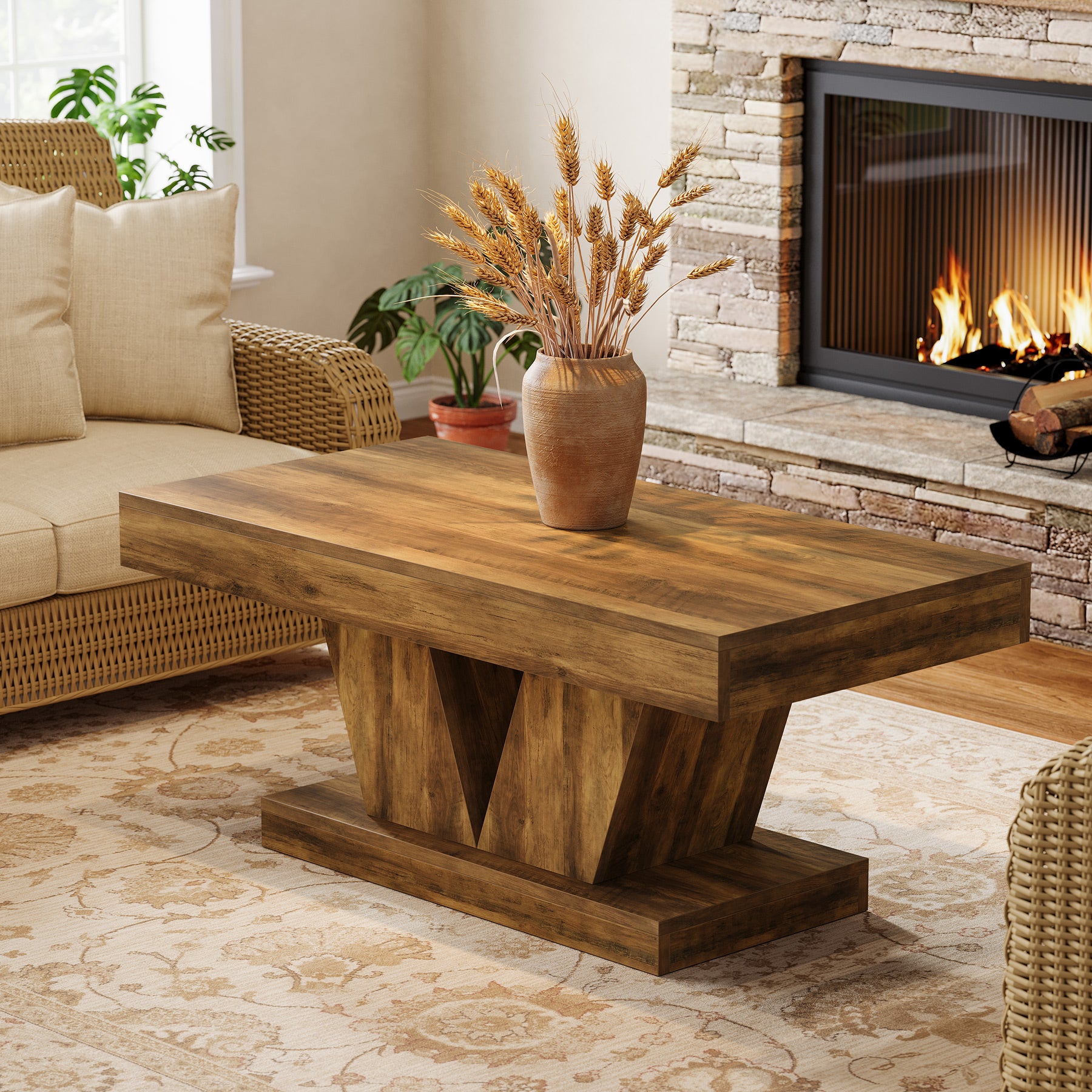 47.2" Farmhouse Rectangular Coffee Table, Mid-Century Wooden Center Table with Sculptural Base