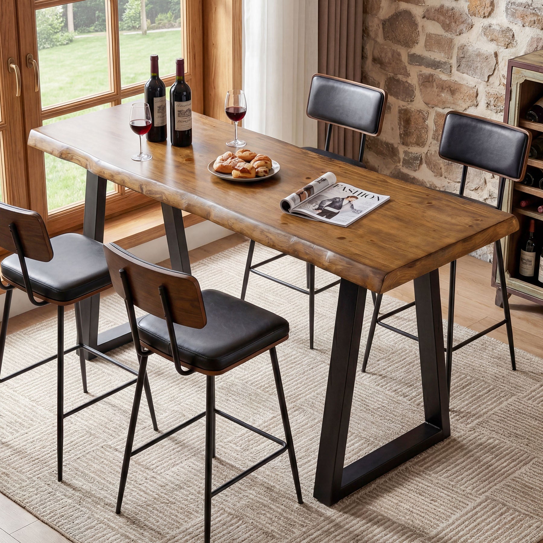 Solid Wood Bar Table, 63” Counter Height Table with Metal Legs for Kitchen