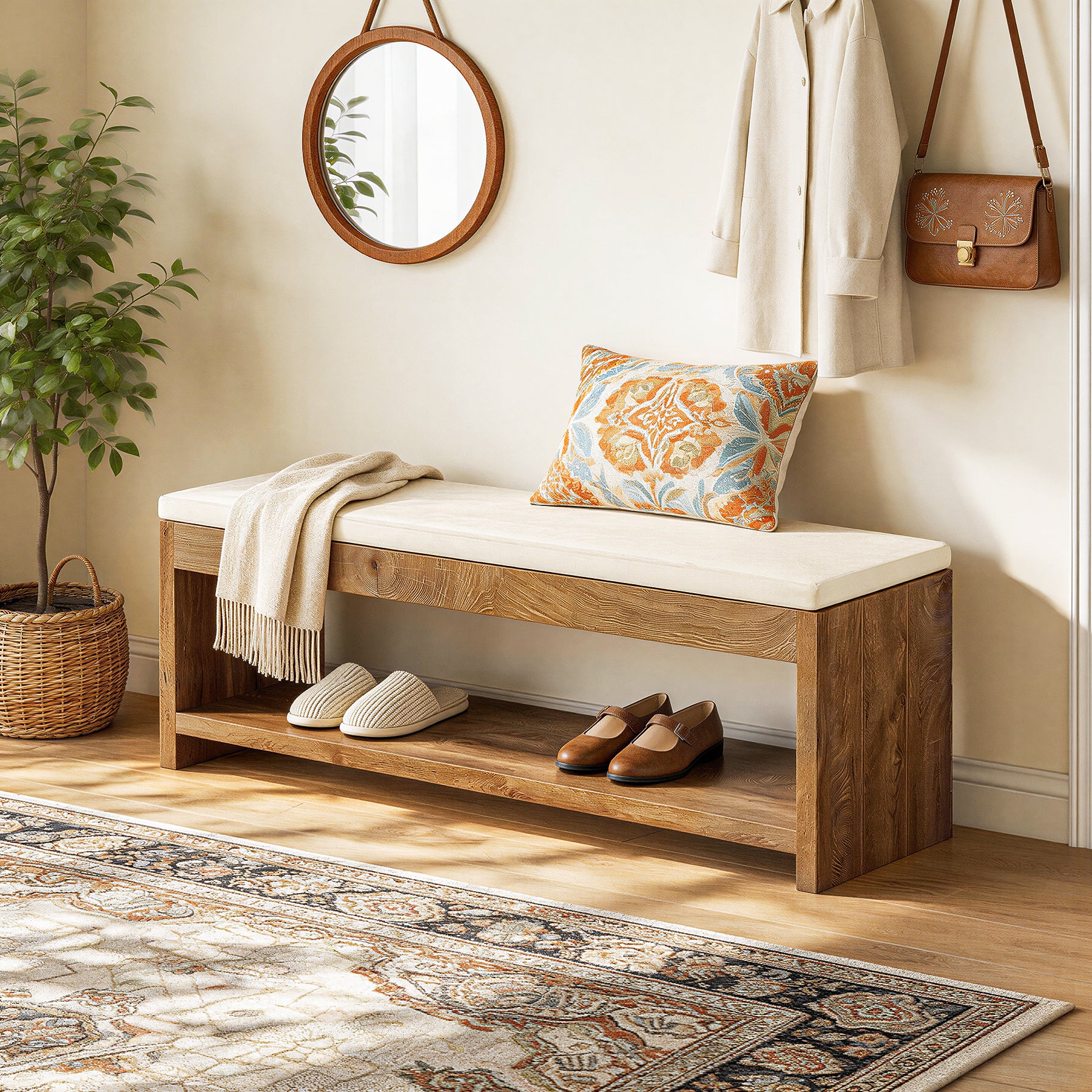 55" Entryway Bench, Wooden Shoe Bench with Cushion and Shoe Rack