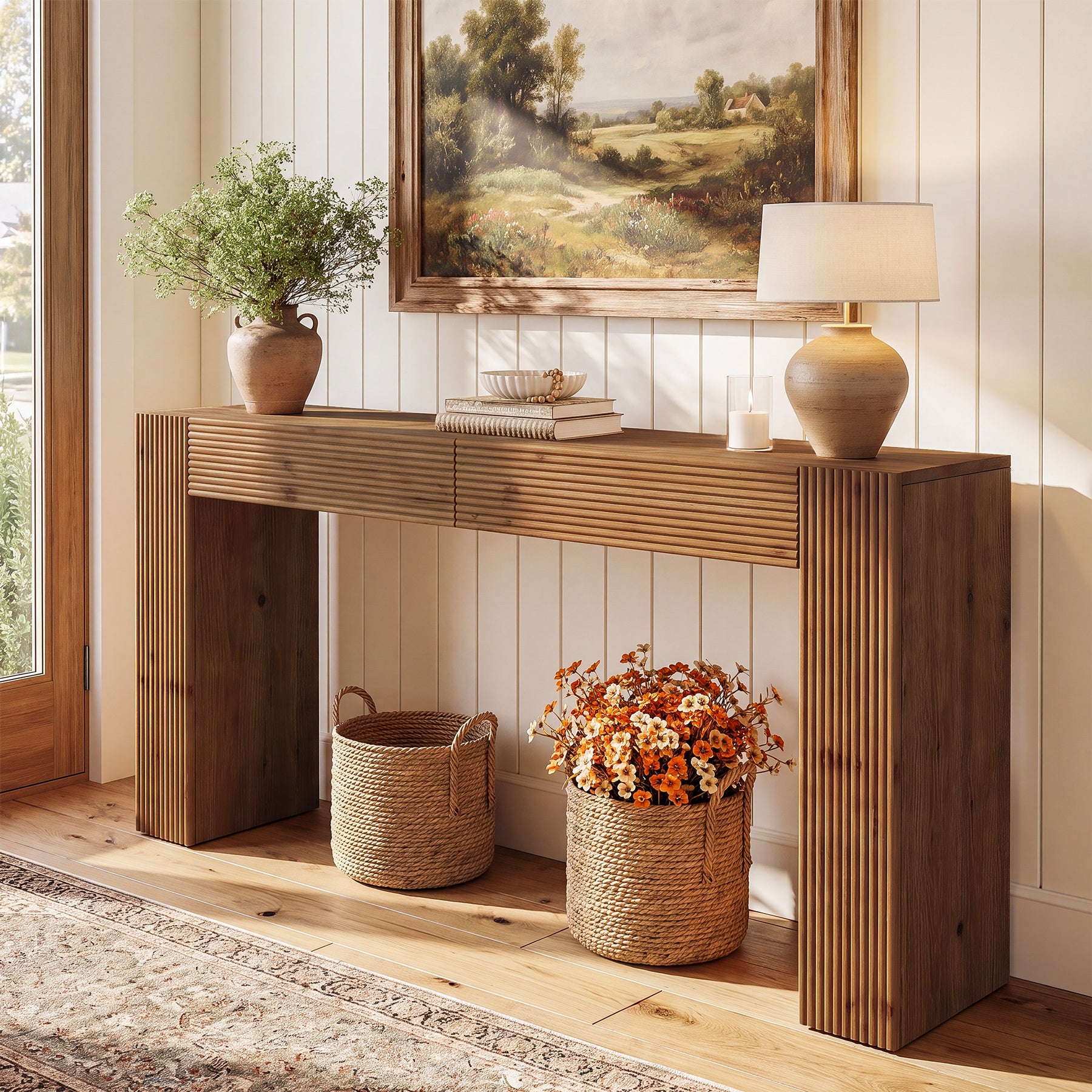 63" Solid Wood Console Table with 2 Drawers, Fluted Entryway Sofa Table for Hallway, Foyer