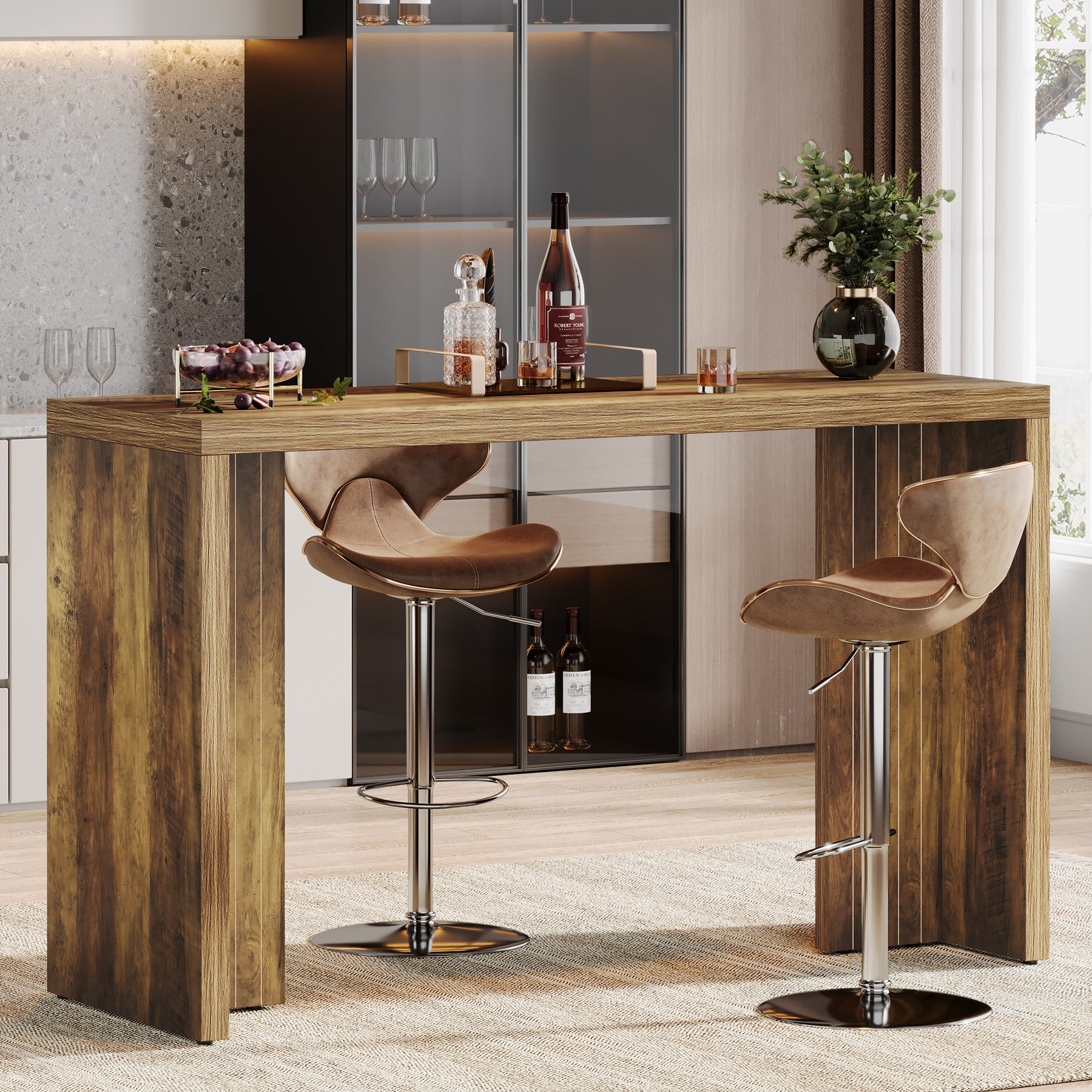 55" Bar Table, Moedern Counter Height Pub Table with Faux Marble Tabletop