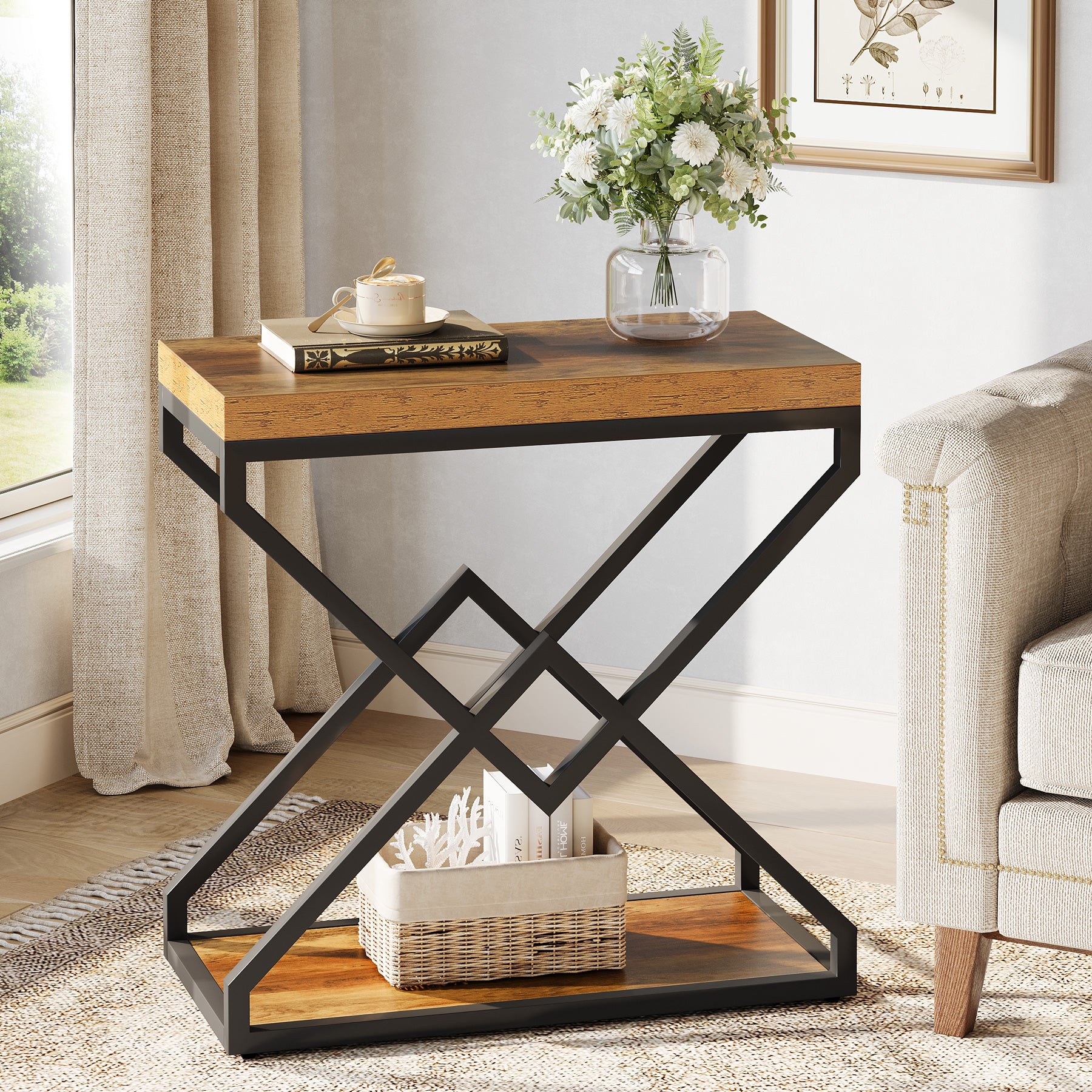 23.62" End Table, Narrow Side Table with Storage and X-Shaped Metal Frame