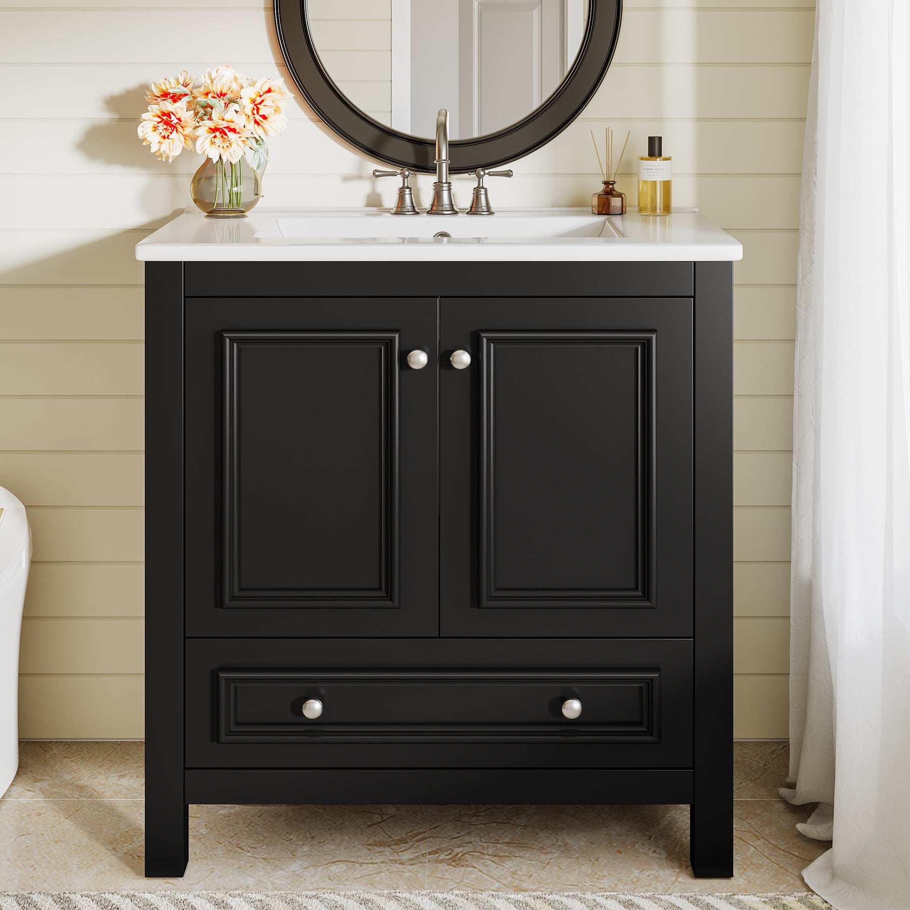 Modern Bathroom Vanity, Vanity Cabinet with Ceramic Basin and 1 Drawer