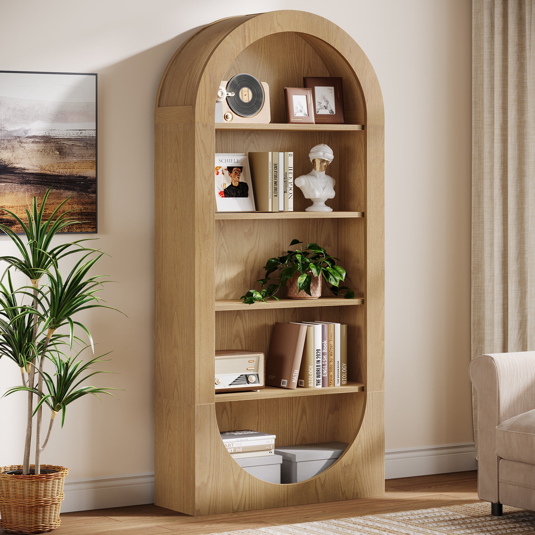 70.9" Bookshelf, 5-Tier Arched Bookcase with Open Display Shelves