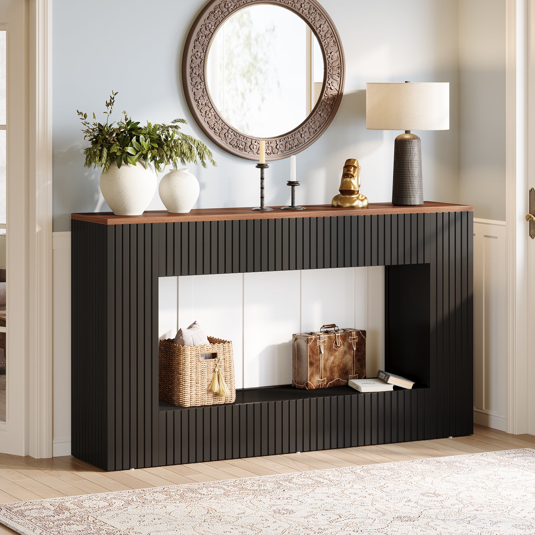 55" Console Table, Wood Entryway Table Sofa Table with Storage