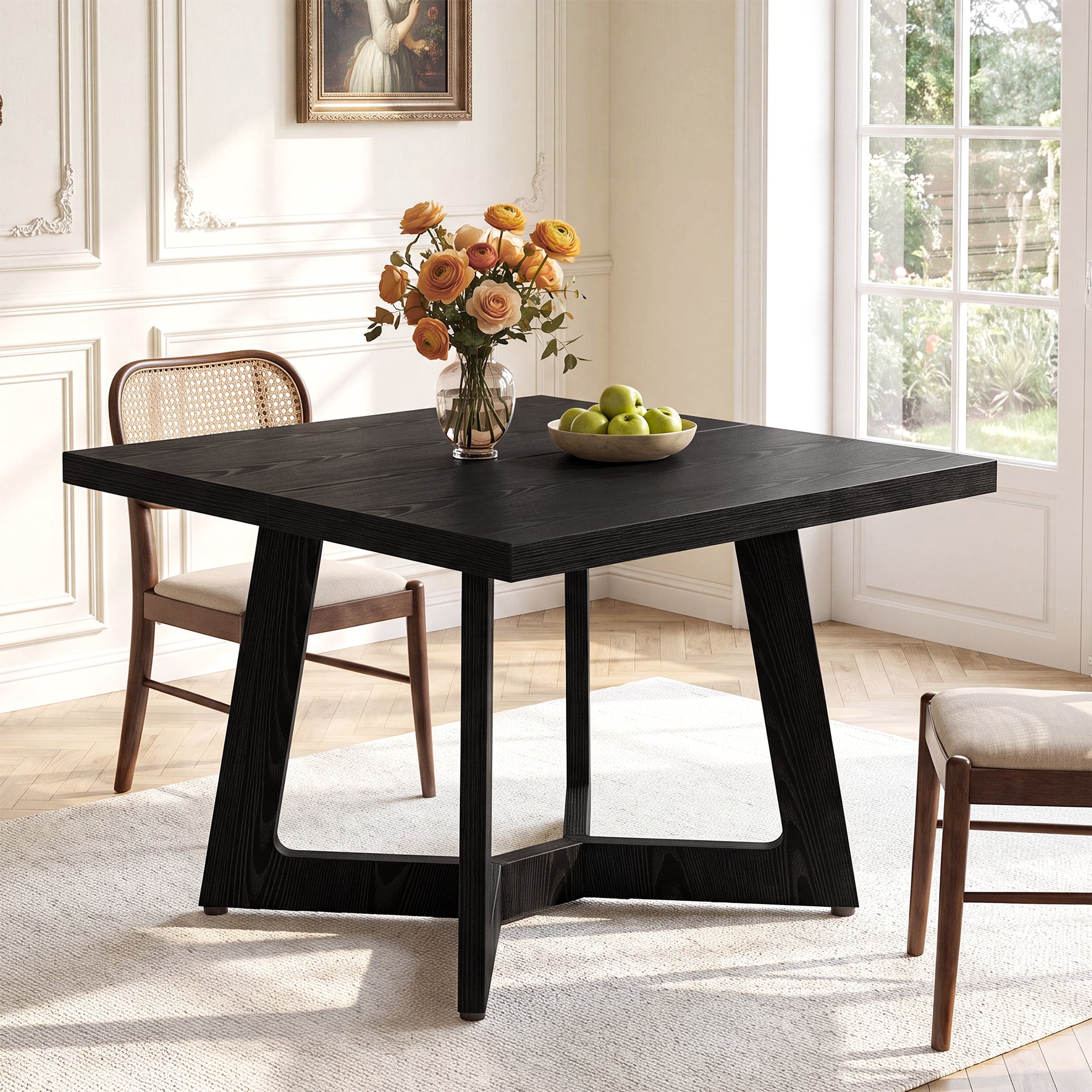 39.37" Square Dining Table, Modern Kitchen Table Geometric Leg for 4 People