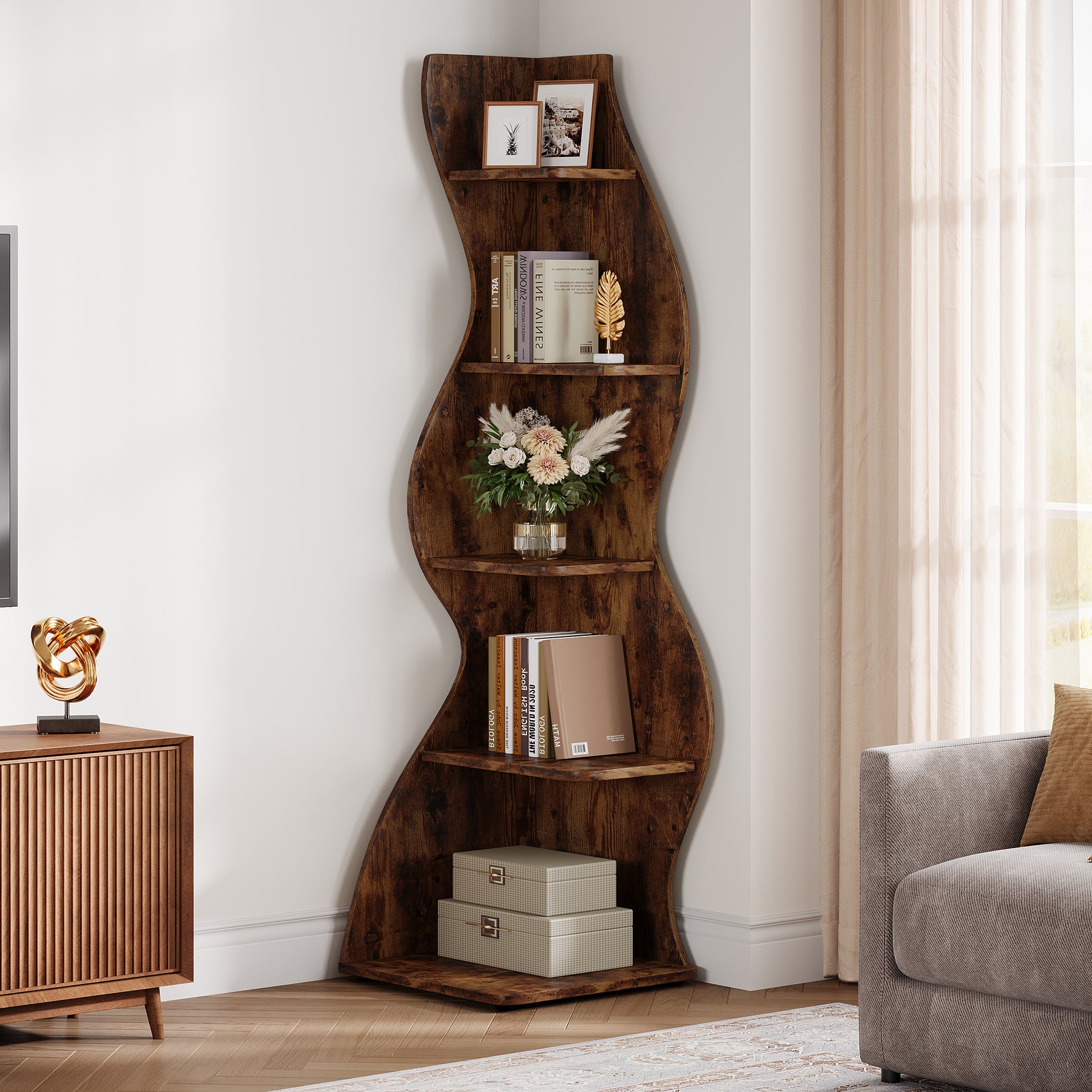 Wavy Corner Shelf, 5-Tier Bookshelf Bookcase Display Rack