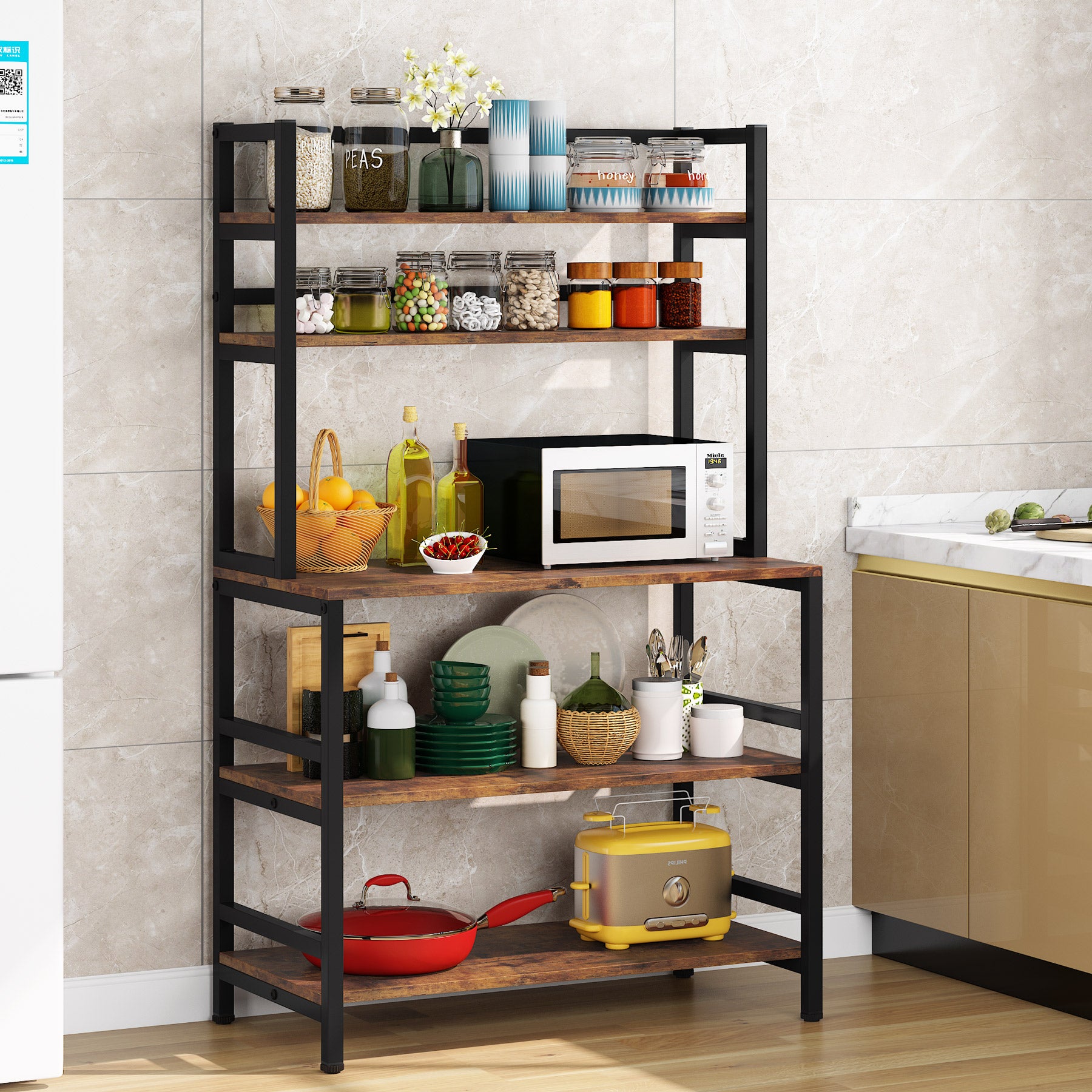 Freestanding Kitchen Baker's Rack, 5-Tier Microwave Oven Stand with Hutch
