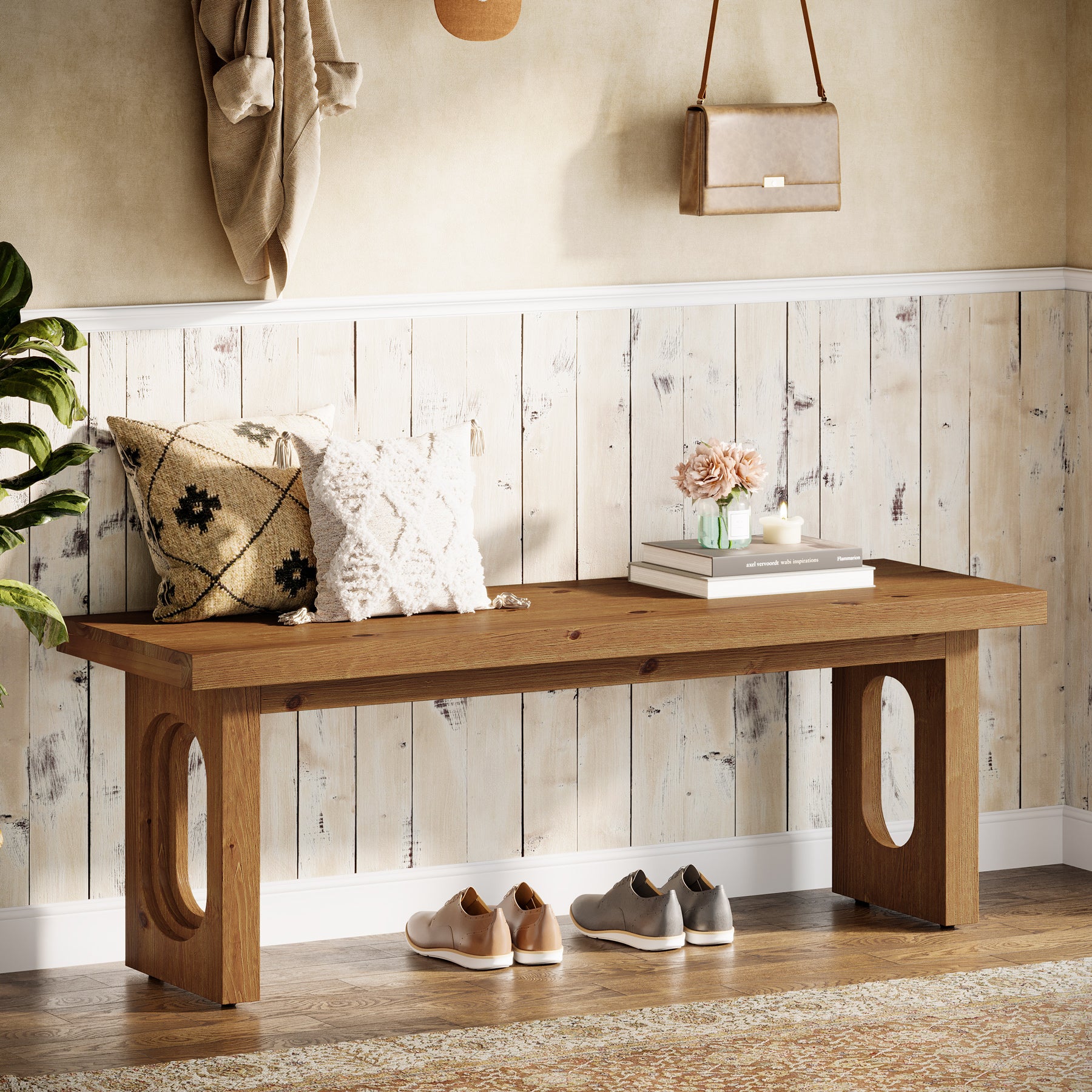 Solid Wood Entryway Bench, 43.3