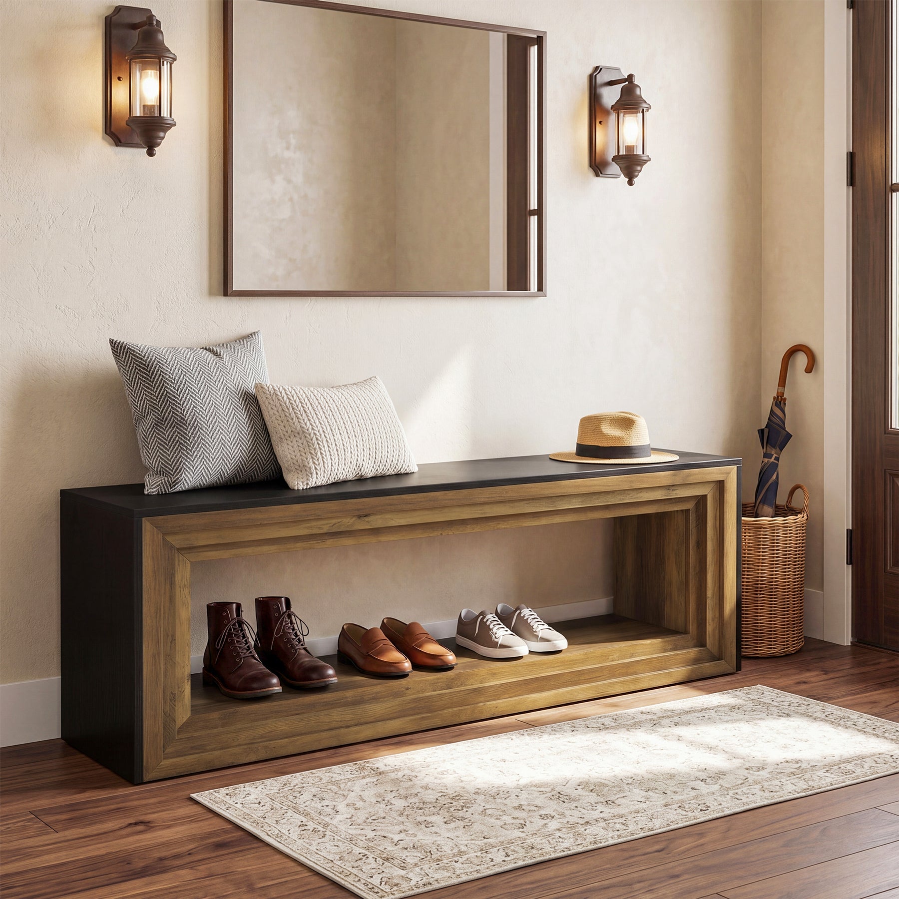 Tribesigns 63" Entryway Bench with Shoe Storage, Farmhouse Bench for Hallway