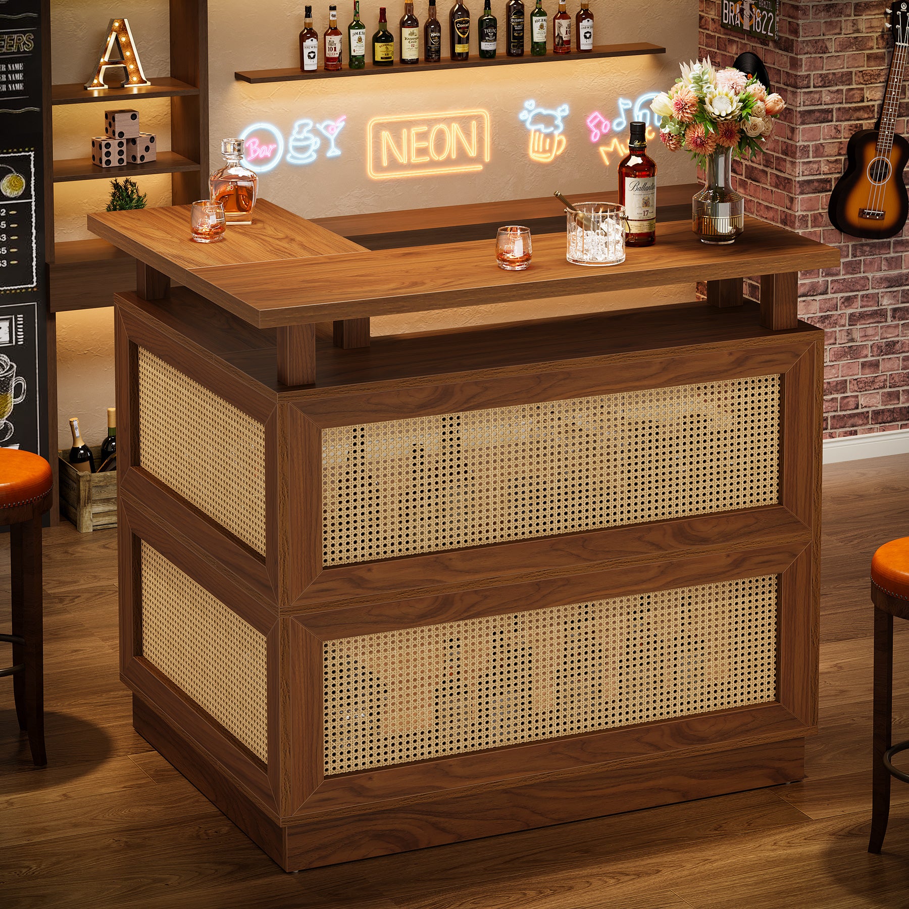 L-Shaped Home Bar Unit, Rattan Bar Table Liquor Cabinet with 4-Tier Storage Shelf
