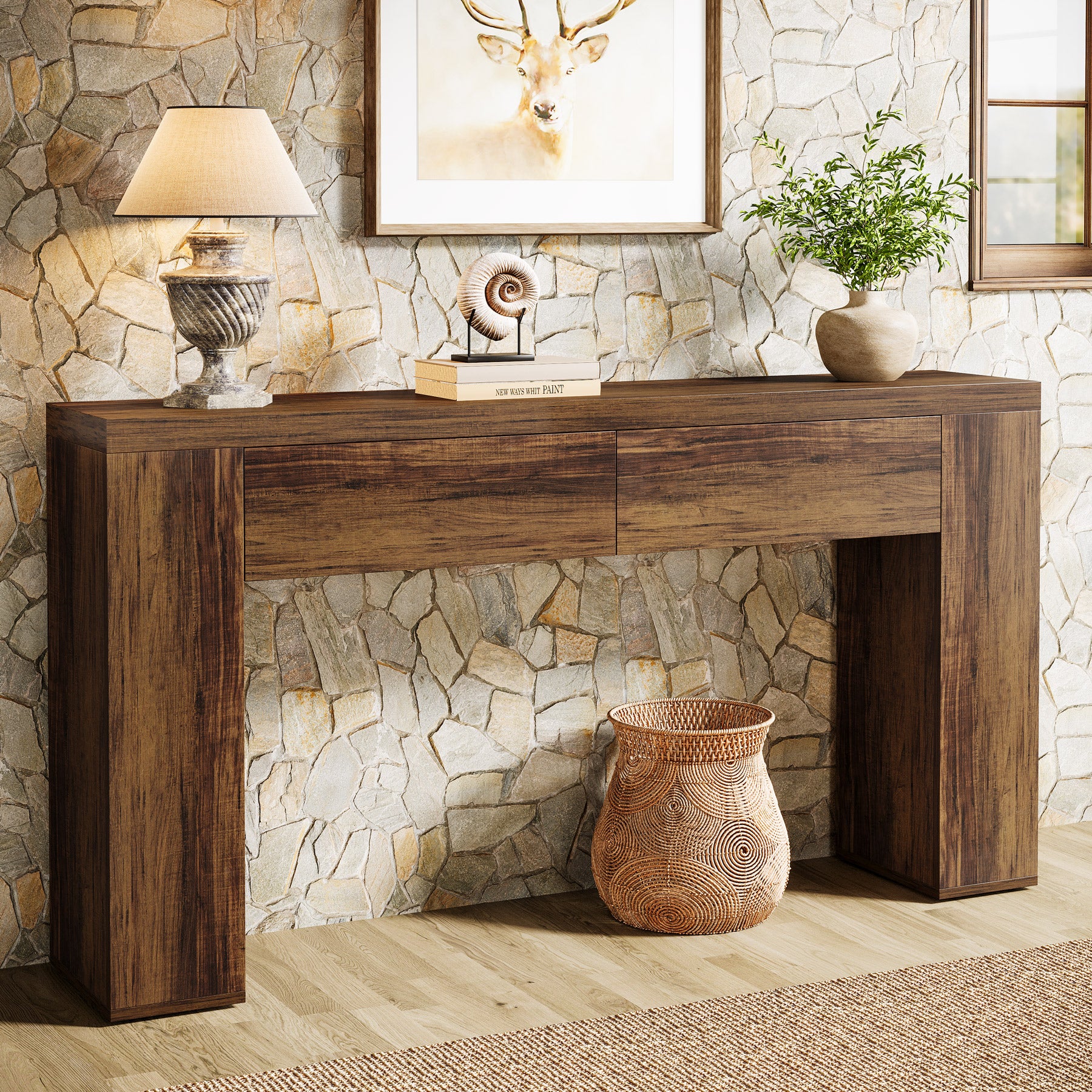 63" Console Table, Rustic Sofa Hallway Table with Drawers