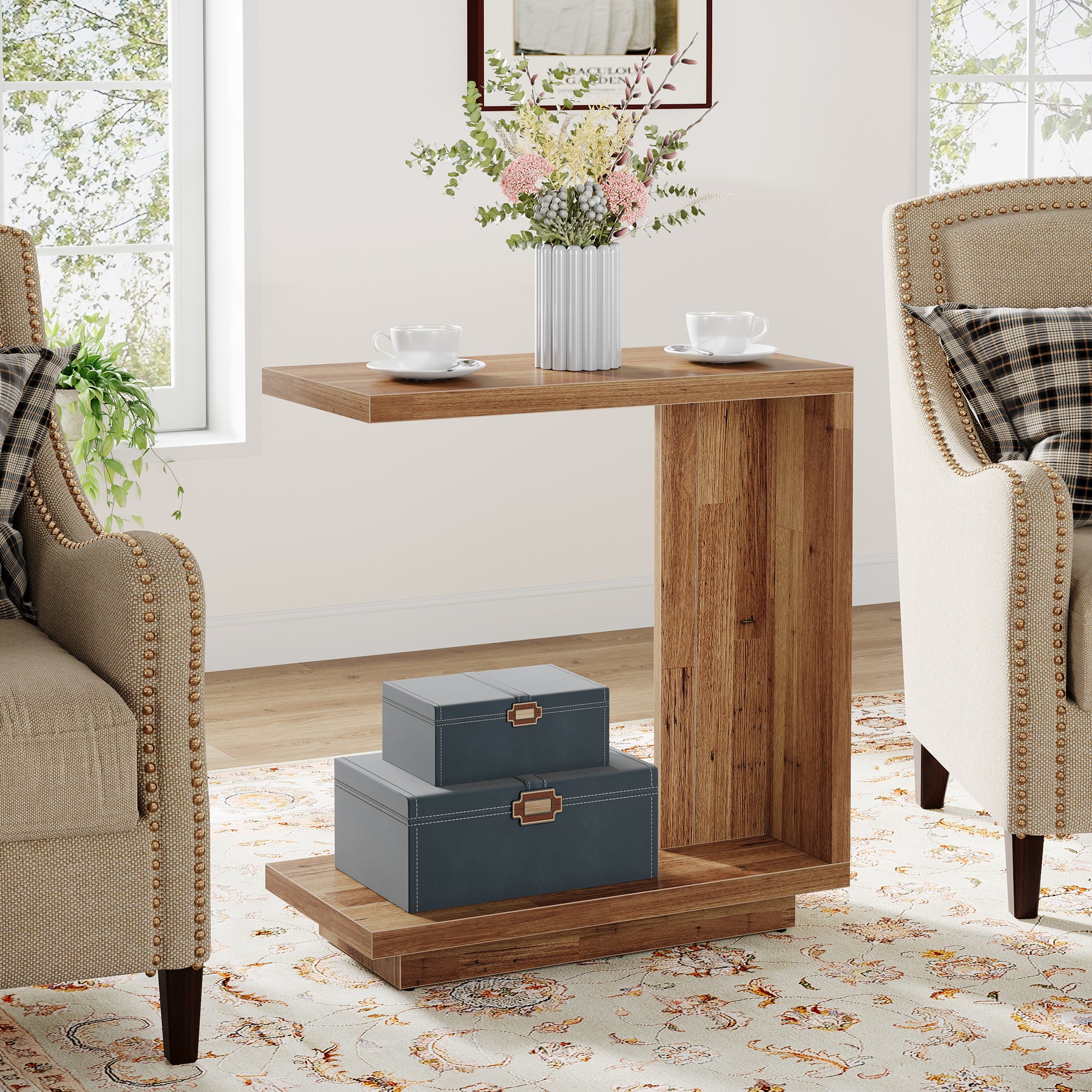 C-Shaped End Table, Wood Side Table Nightstand Bedside Table
