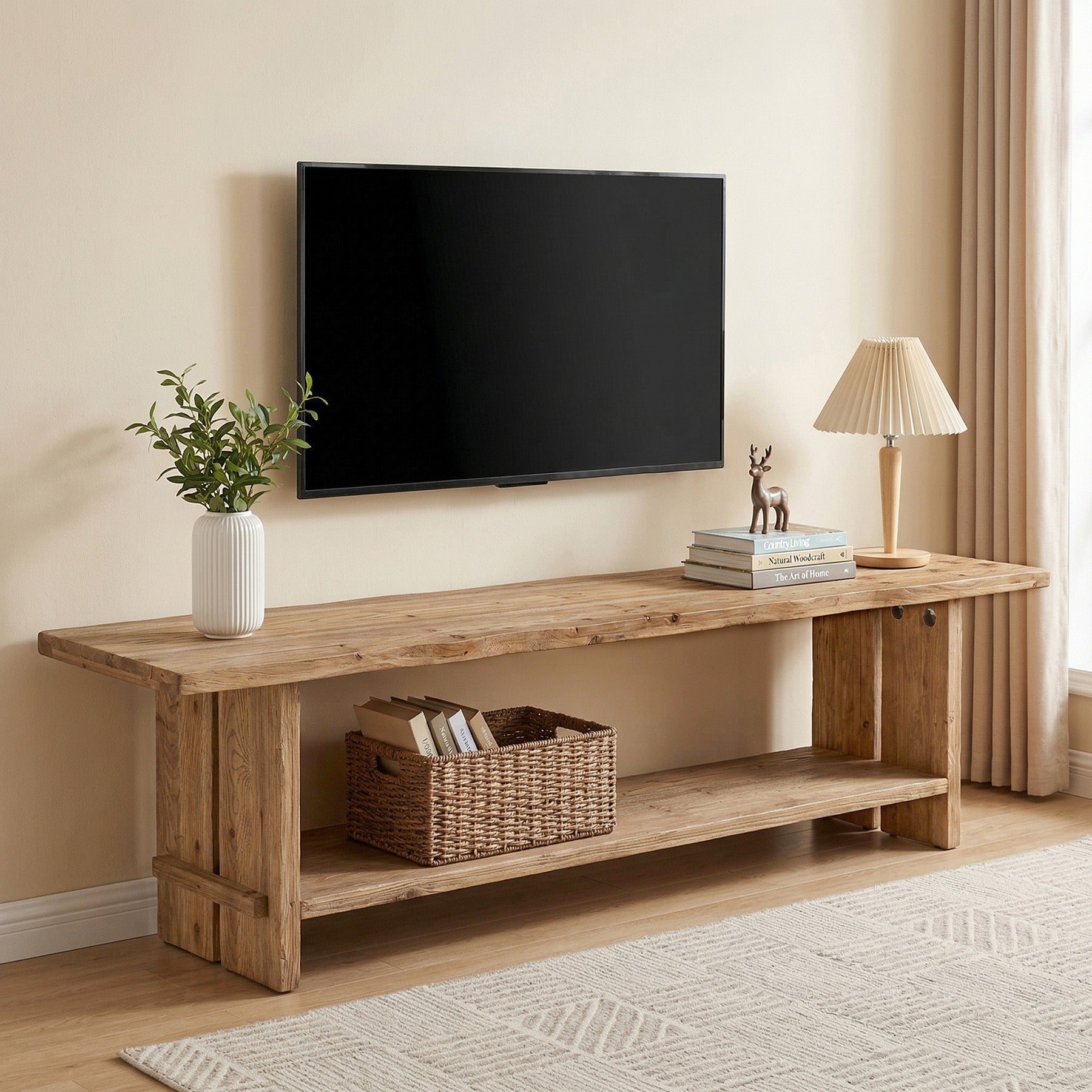 71" Solid Wood TV Stand for 55–85 Inch TVs, Farmhouse Media Console with Storage Shelf, Wooden Entertainment Center