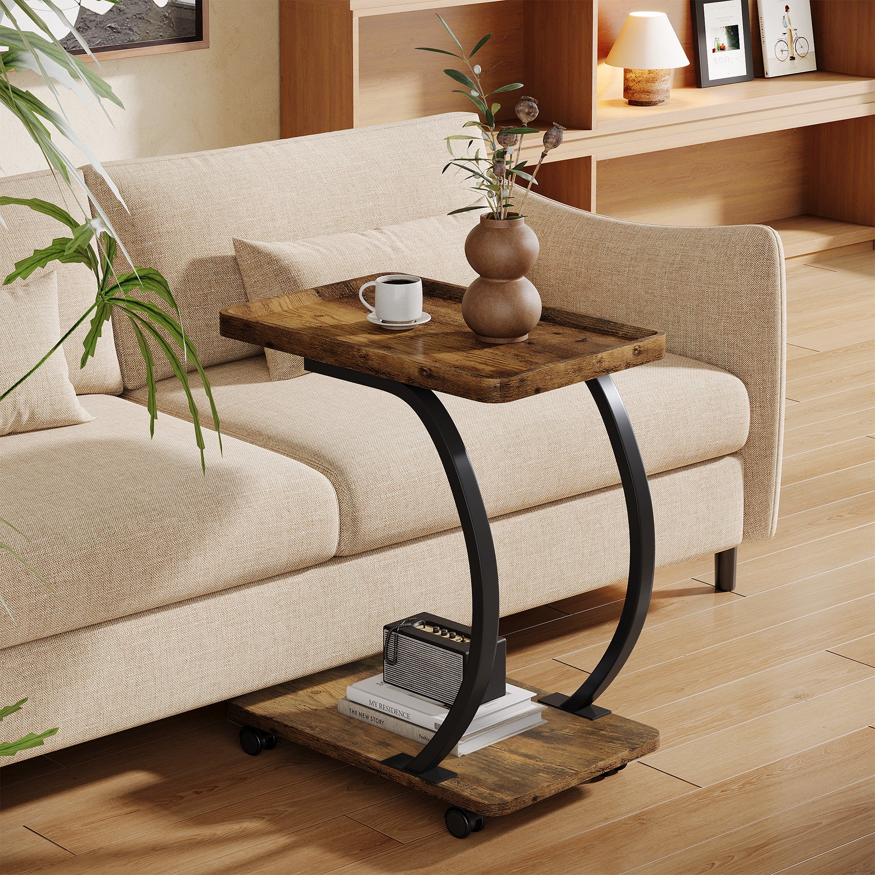 C-Shaped End Table, Industrial 2-Tier Side Table with Wheels