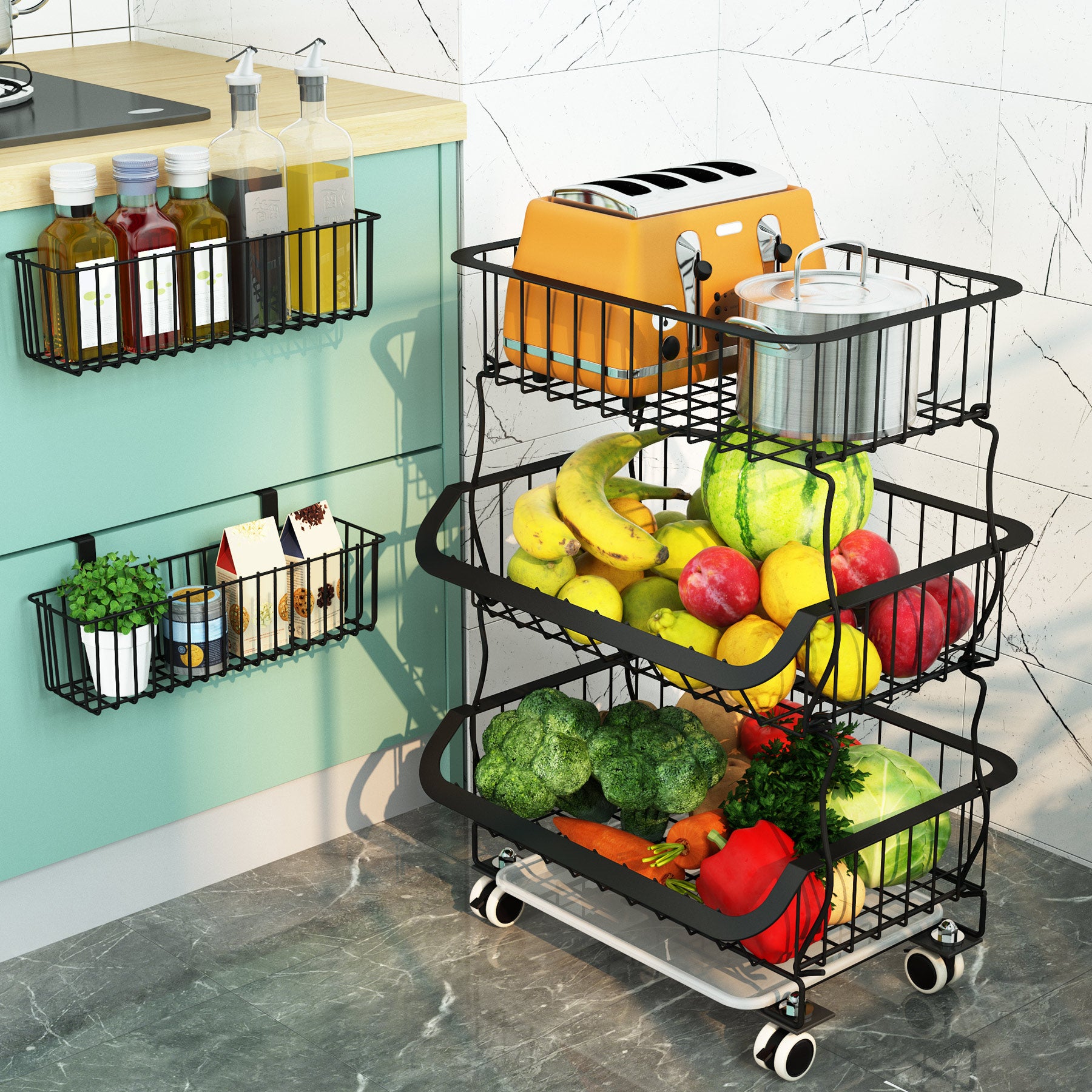 Fruit Basket, 3 Tier Stackable Metal Wire Basket Cart with Rolling Wheels