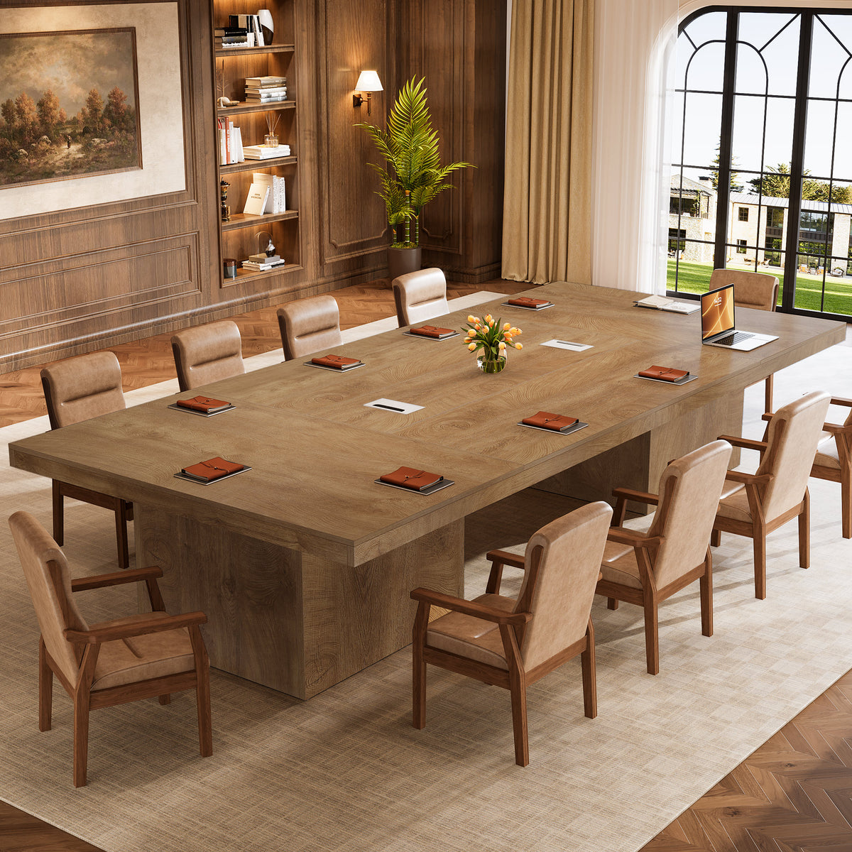 95" Conference Table with Pedestal Base, 8FT Wood Office Meeting Table, Cable Grommets