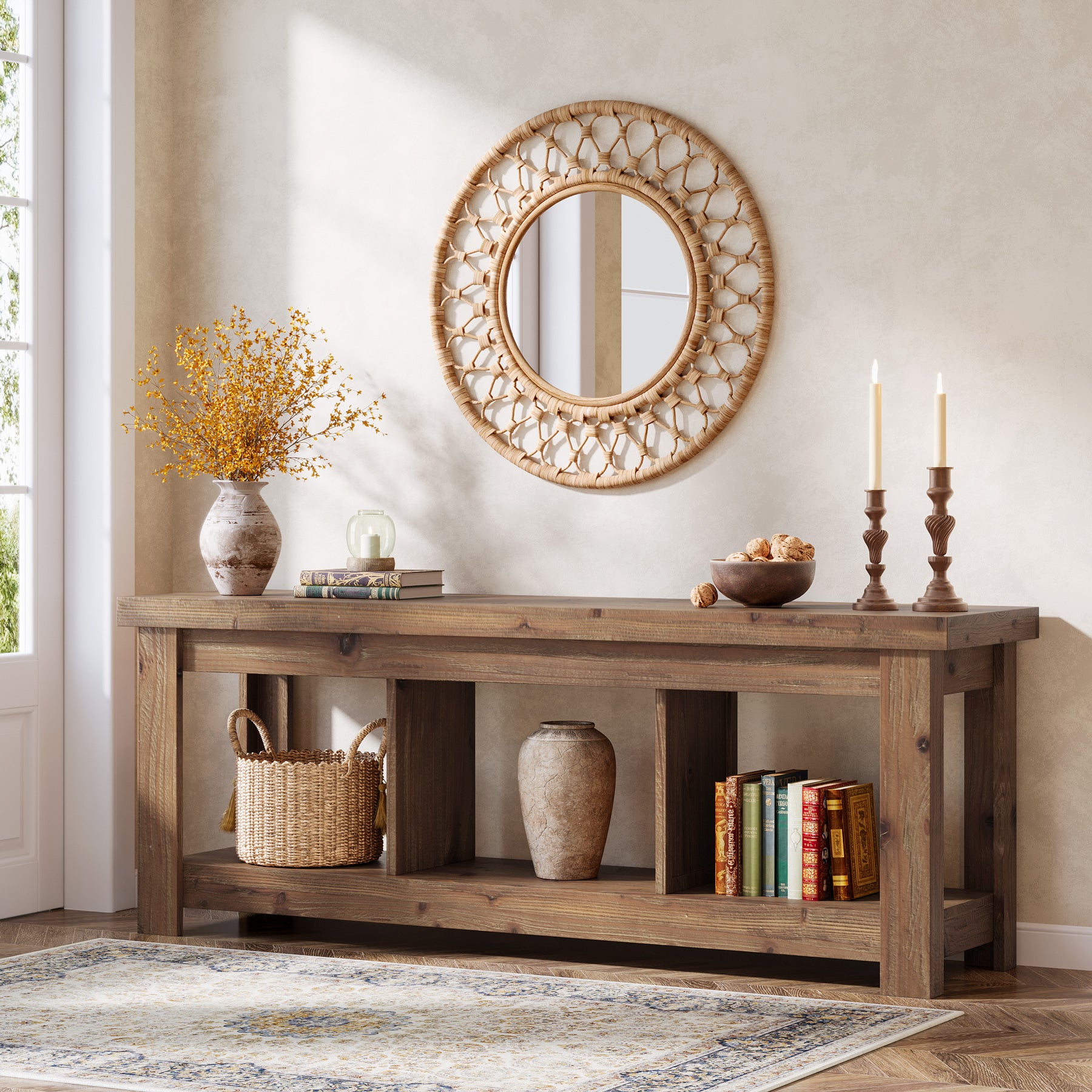 Solid Wood Console Table, 63" Sofa Entryway Table With 3 Open Shelves