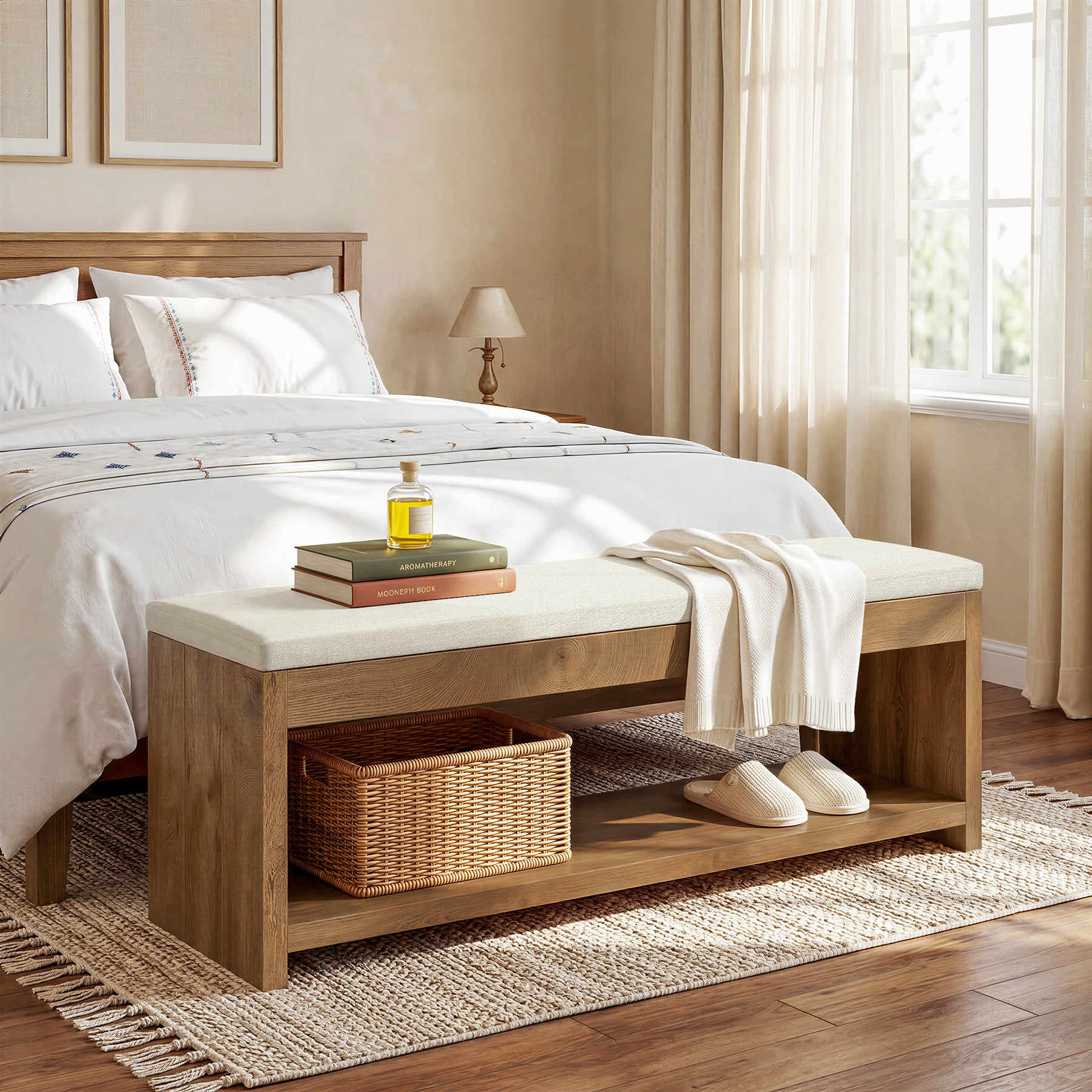 Upholstered End of Bed Bench, 55" Wooden Storage Bench with Shoe Rack