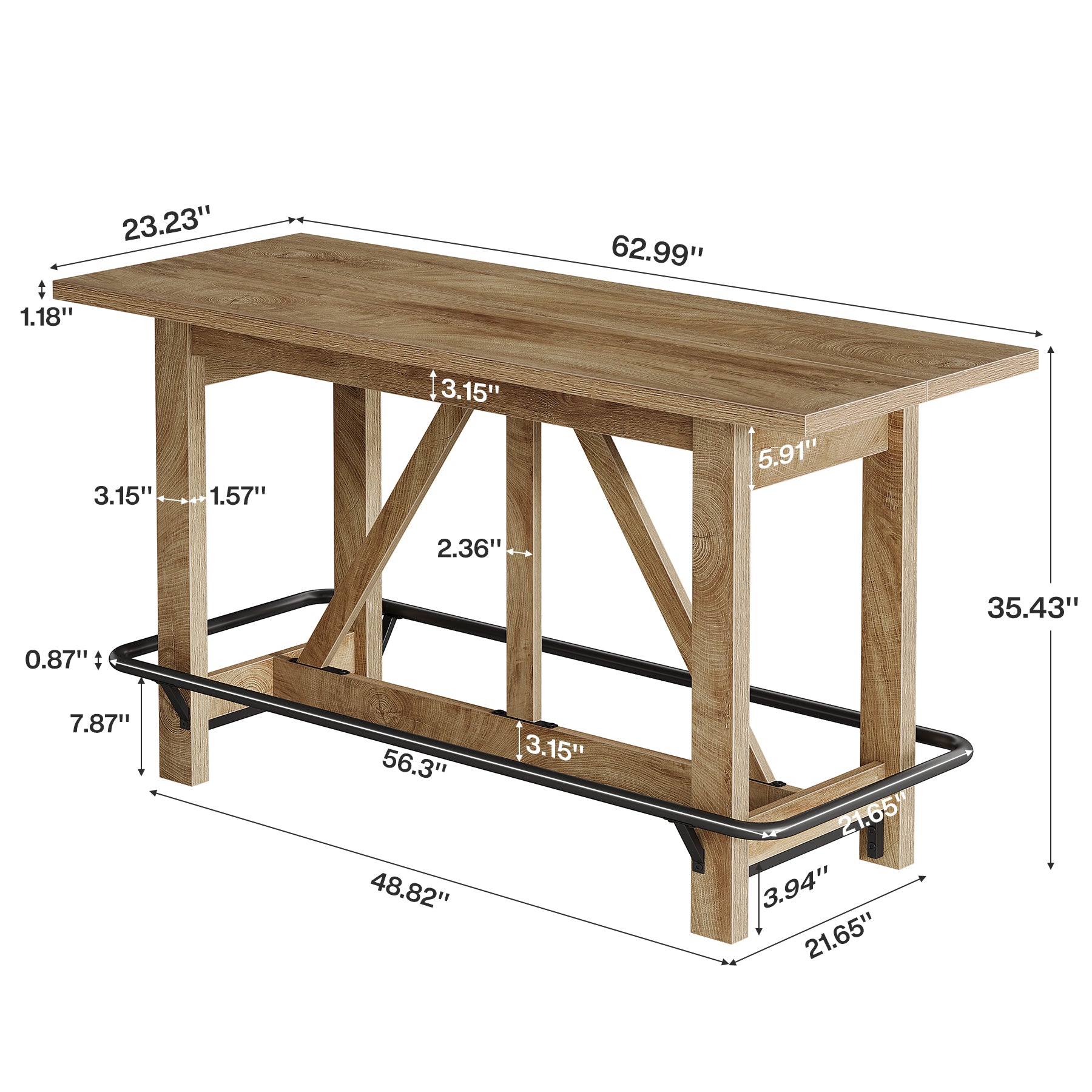 63" Bar Table, Counter Height Pub Dining Table with Footrest