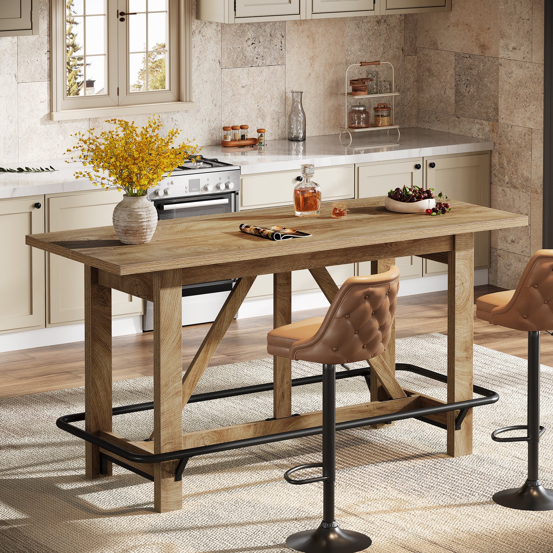 63" Bar Table, Counter Height Pub Dining Table with Footrest