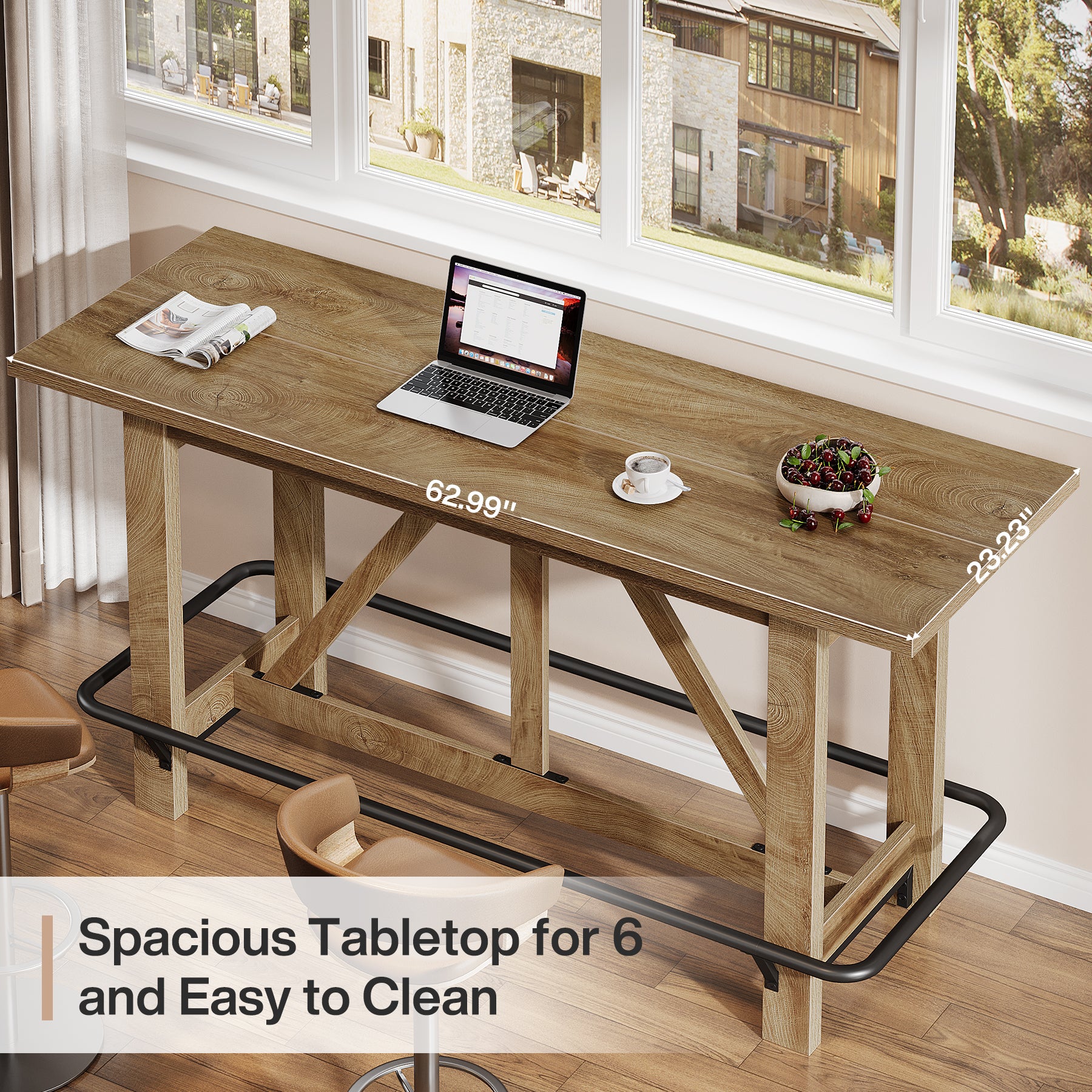 63" Bar Table, Counter Height Pub Dining Table with Footrest