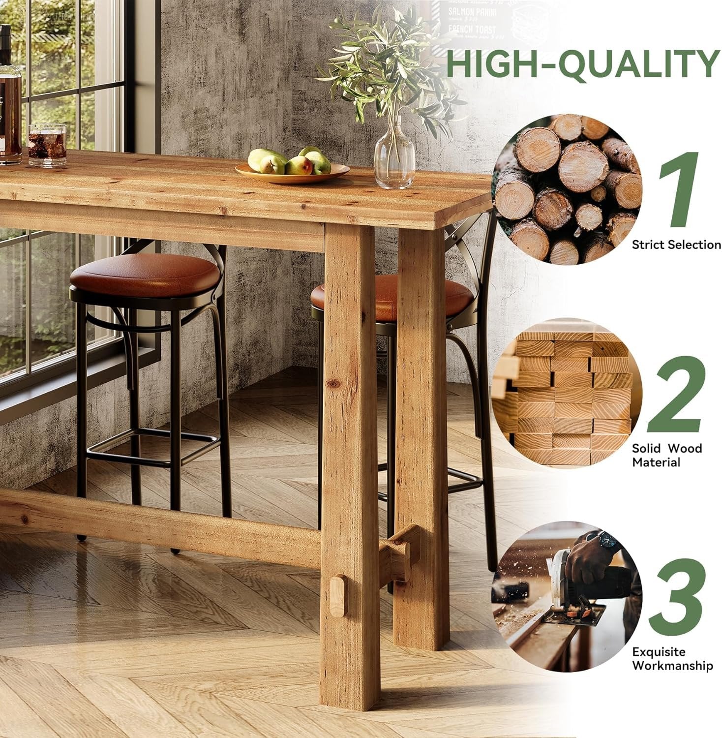 63" Bar Table, Wood Bar Height Pub Table Home Bar Unit