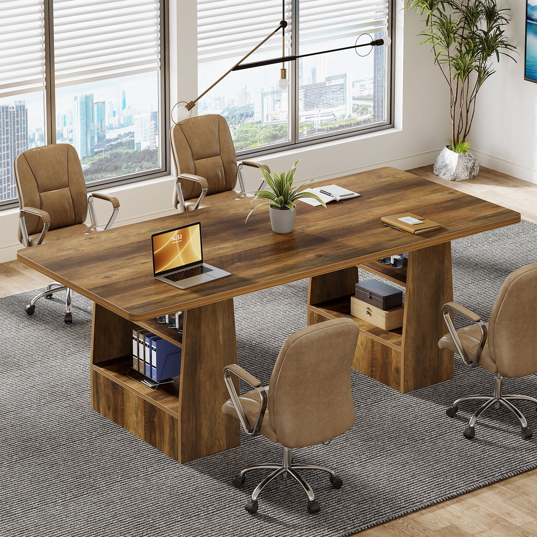 63" Conference Table, Rectangular Executive Meeting Table with 4-Tier Shelf