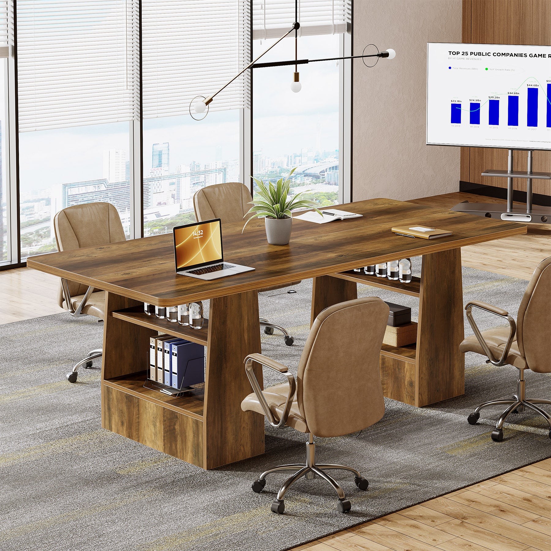 63" Conference Table, Rectangular Executive Meeting Table with 4-Tier Shelf