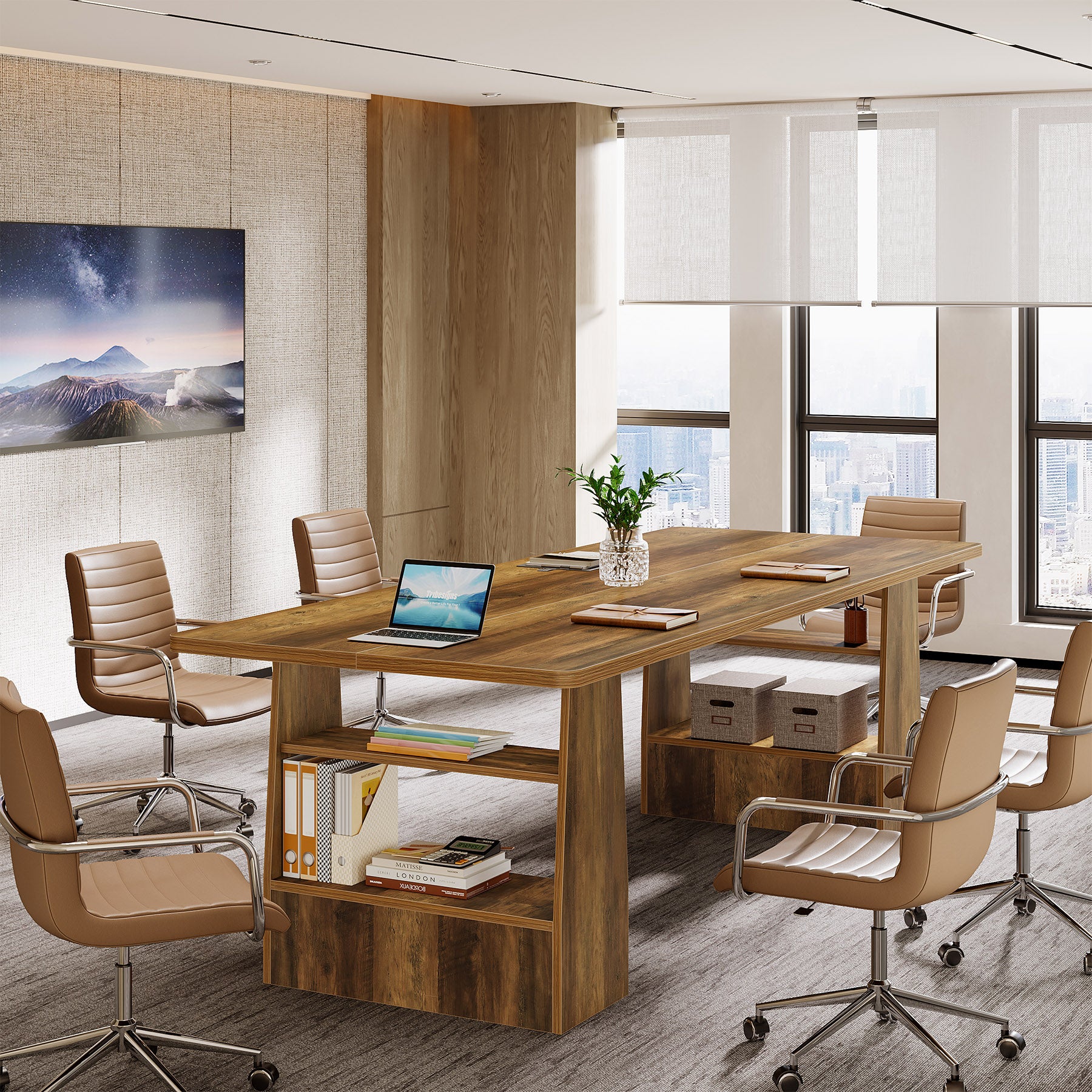 63" Conference Table, Rectangular Executive Meeting Table with 4-Tier Shelf