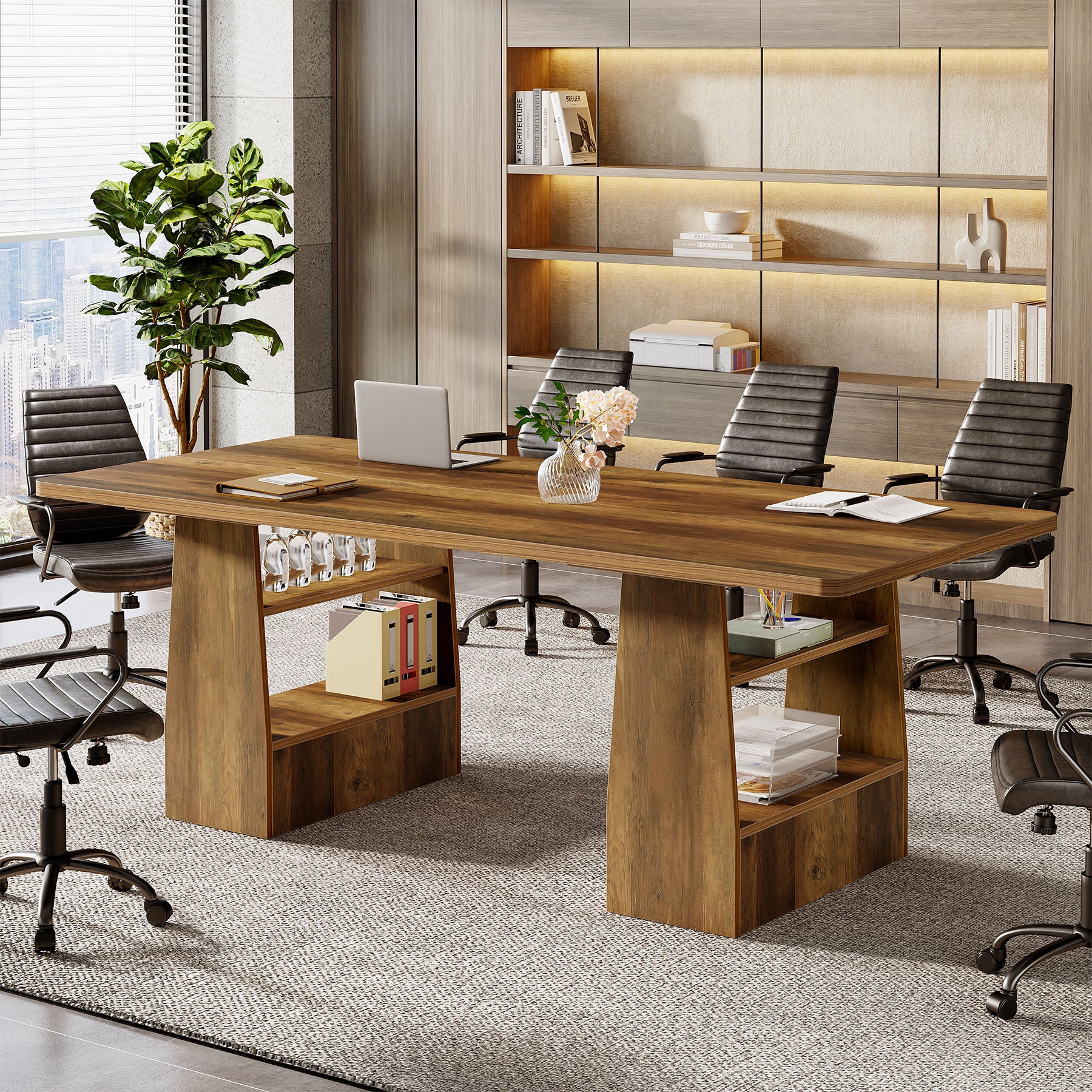 63" Conference Table, Rectangular Executive Meeting Table with 4-Tier Shelf