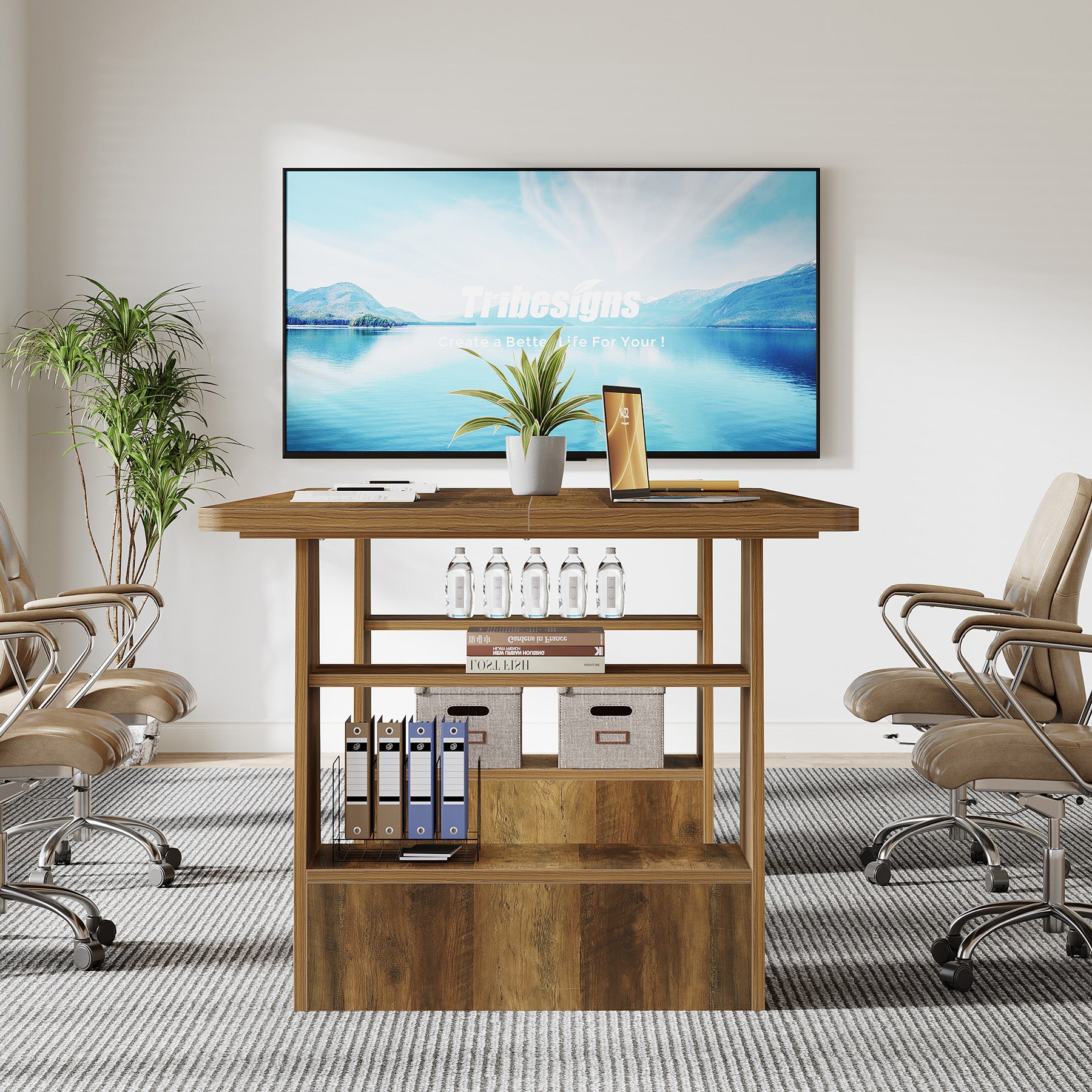 63" Conference Table, Rectangular Executive Meeting Table with 4-Tier Shelf