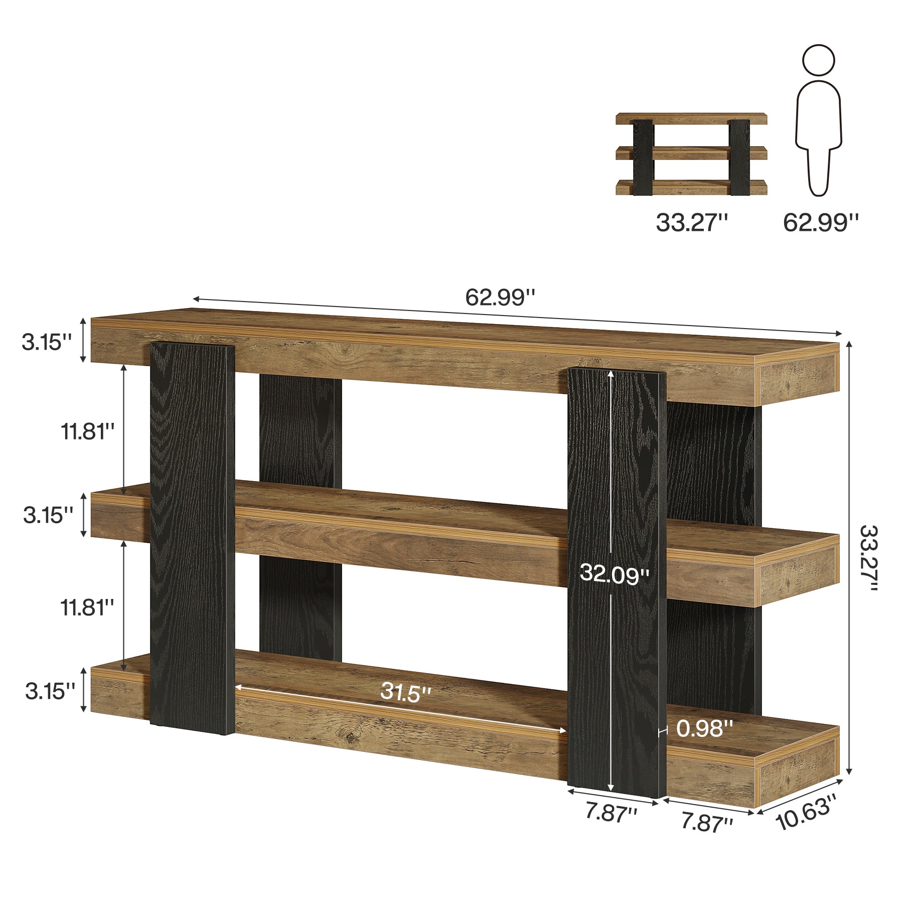 63" Console Table, 3-Tier Entryway Table Sofa Table with Storage