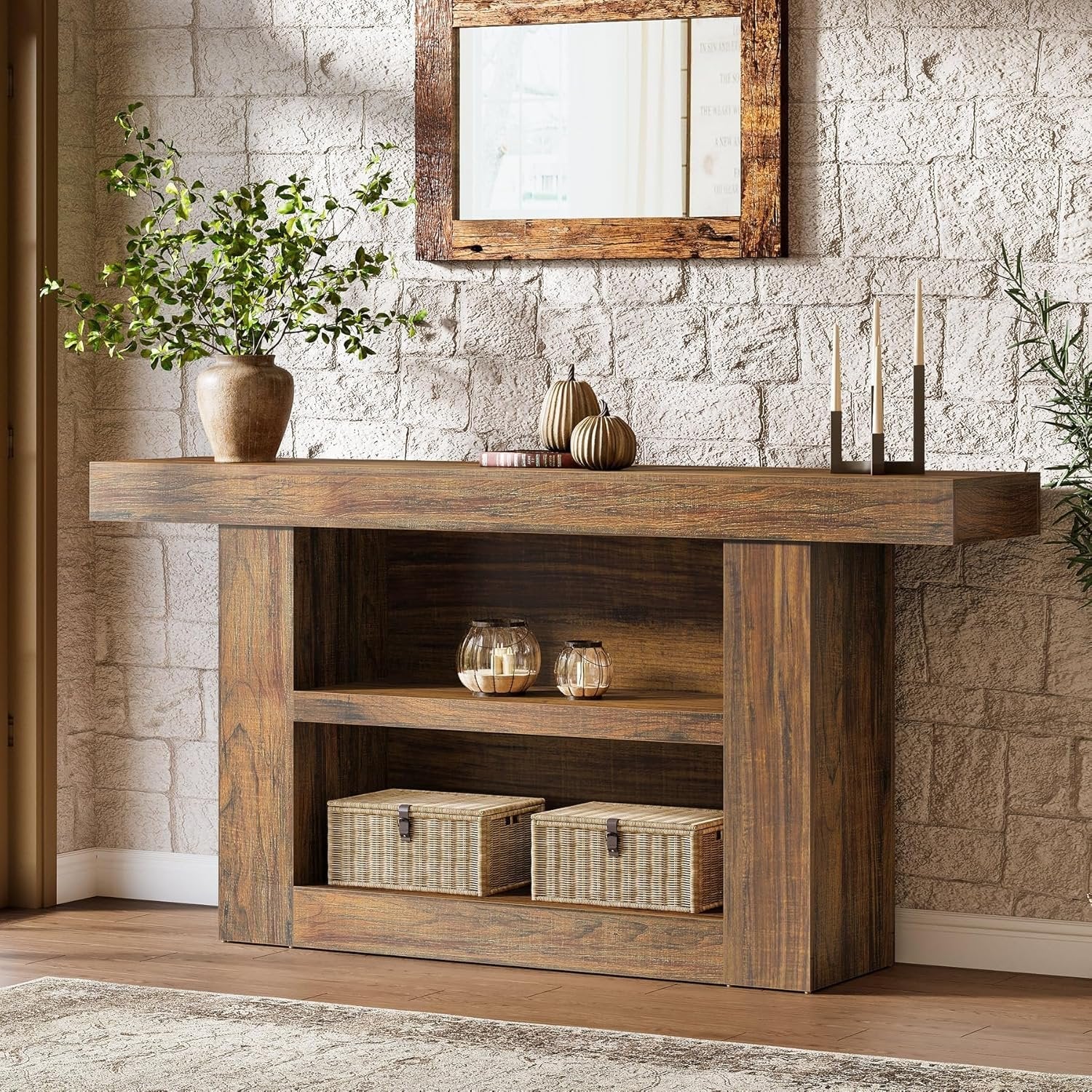 63" Console Table, 3-Tier Farmhouse Entryway Table with U-Shaped Base