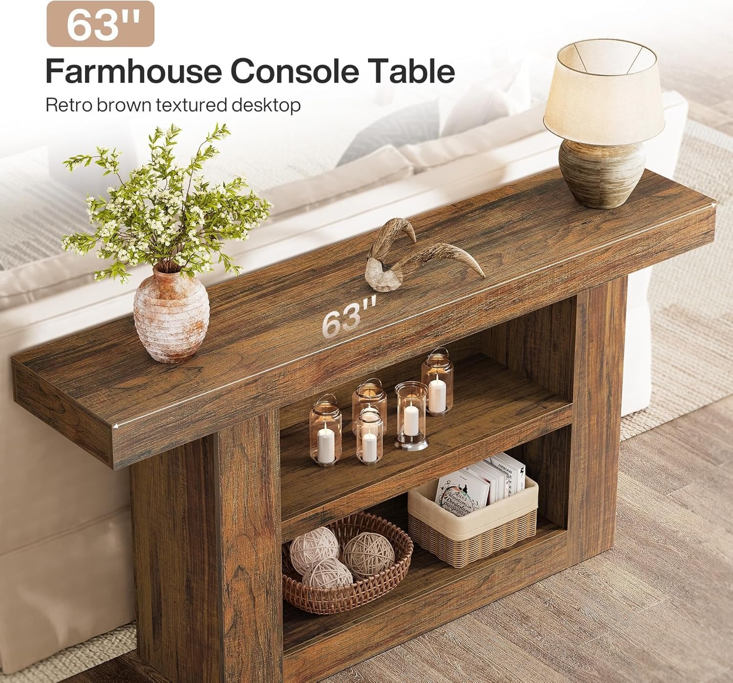 63" Console Table, 3-Tier Farmhouse Entryway Table with U-Shaped Base
